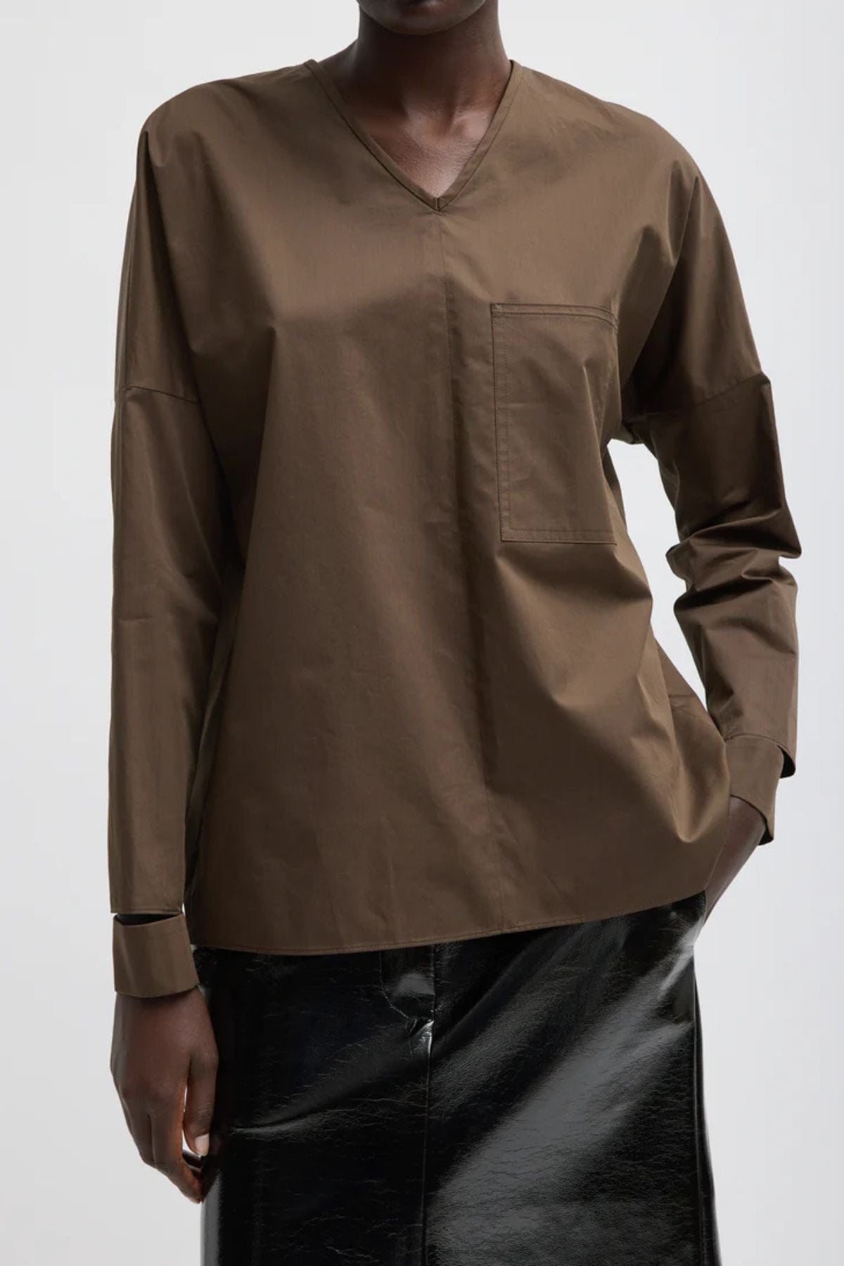 Tibi Eco Poplin V-Neck Dolman Top - Brown