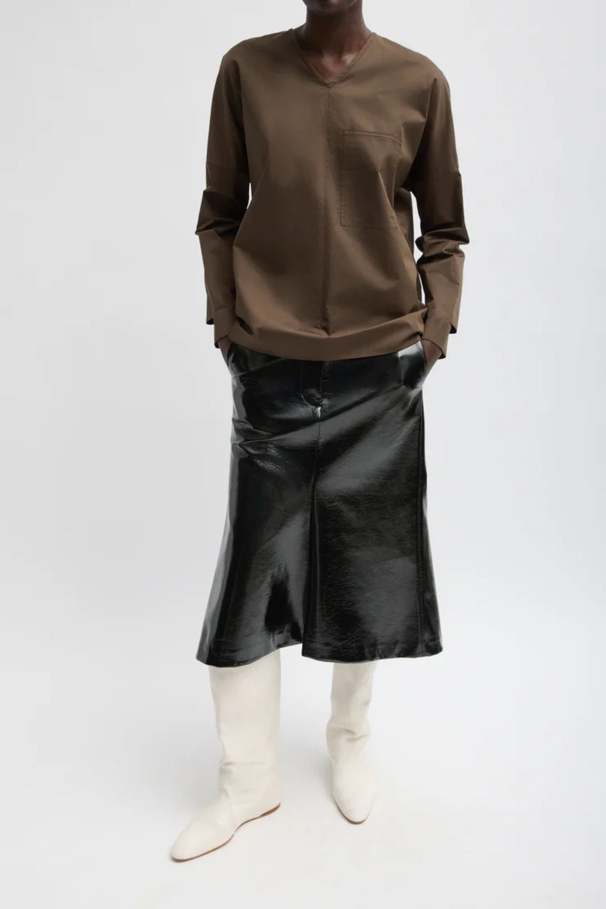 Tibi Eco Poplin V-Neck Dolman Top - Brown