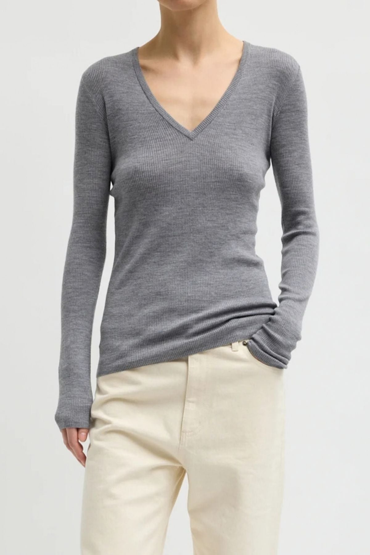 Tibi Feather Weight Ribbed V-Neck Pullover - Heather Grey