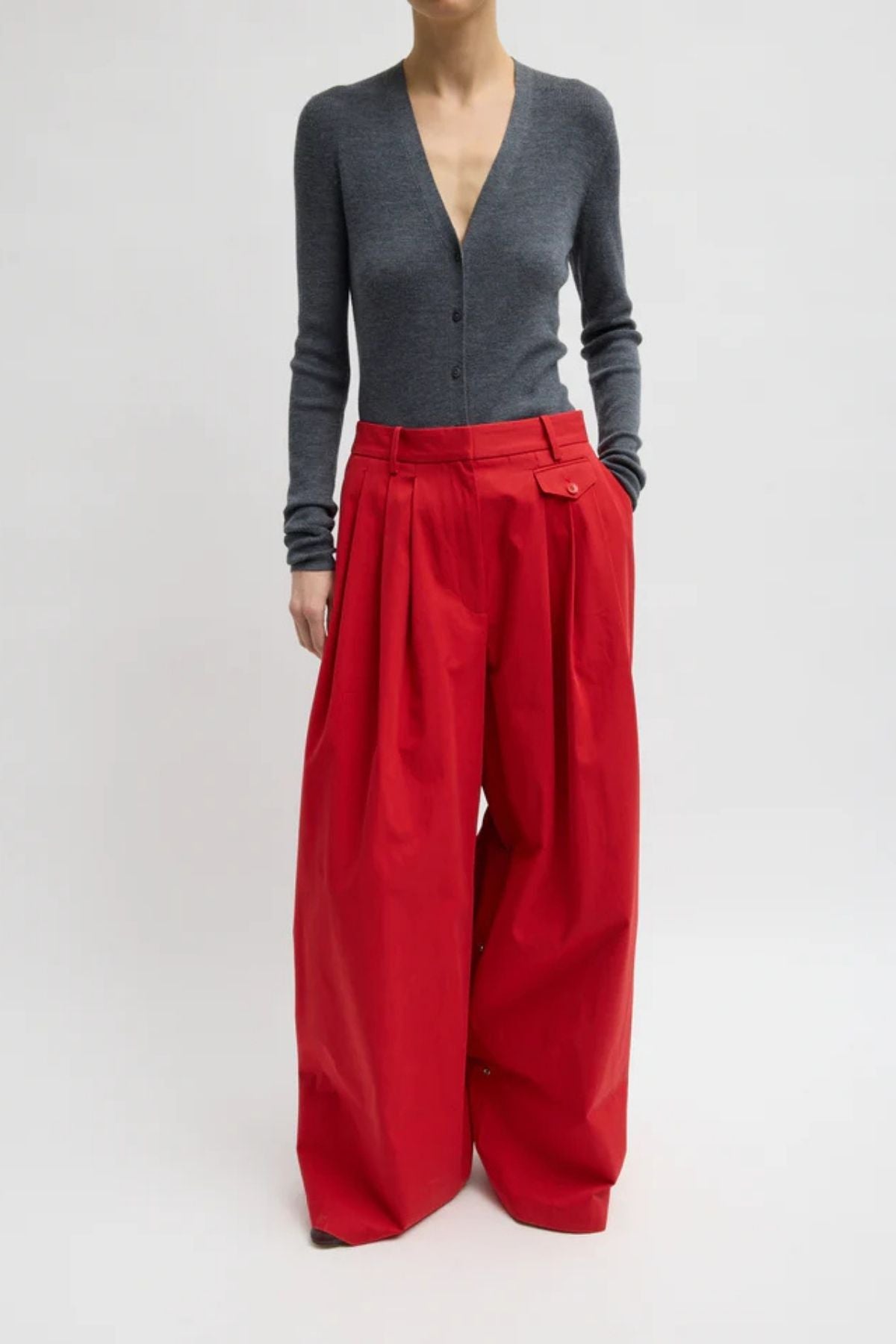Tibi Feather Weight Ribbed V-Neck Slim Cardigan - Charcoal Grey