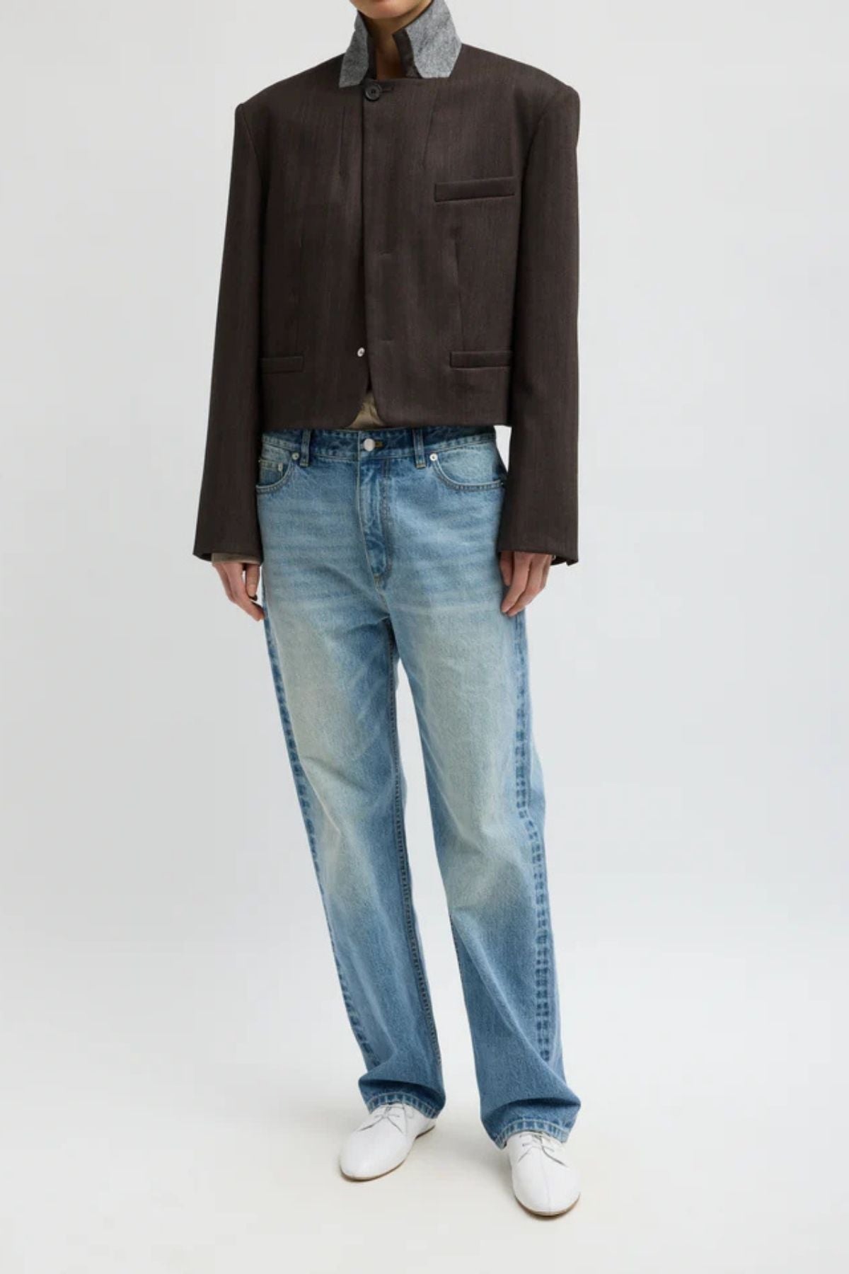 Tibi Herringbone Suiting Cropped Blazer - Brown Multi