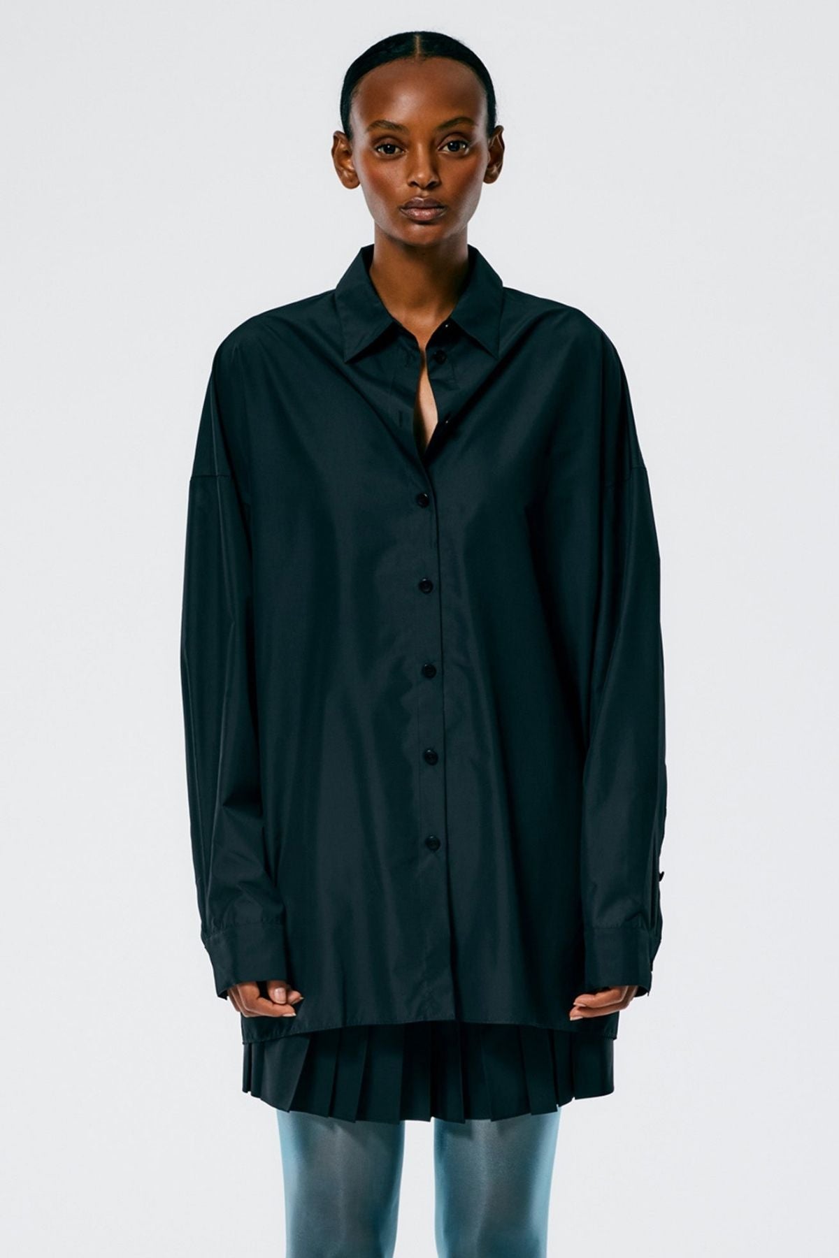 Tibi Italian Sporty Nylon Shirt with Cocoon Back - Black