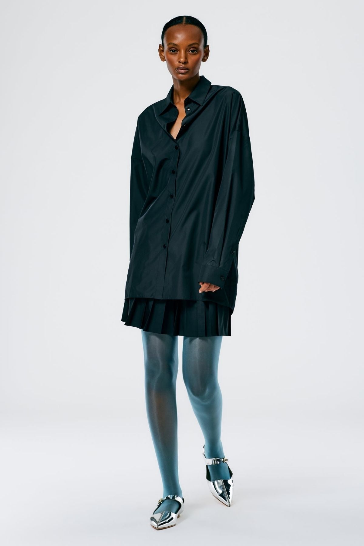 Tibi Italian Sporty Nylon Shirt with Cocoon Back - Black