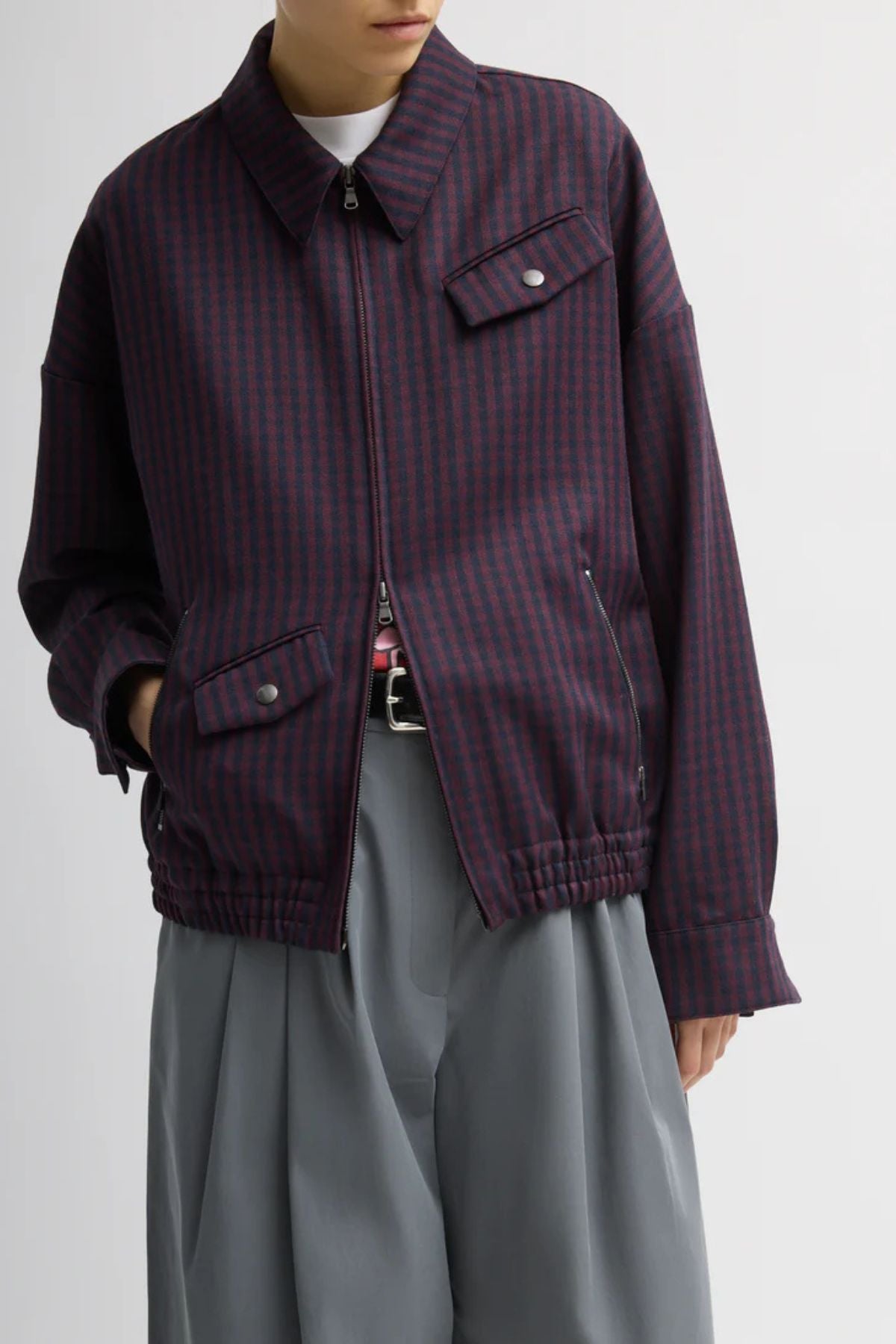 Tibi Jules Wool Gingham Bomber Jacket - Wine/ Navy