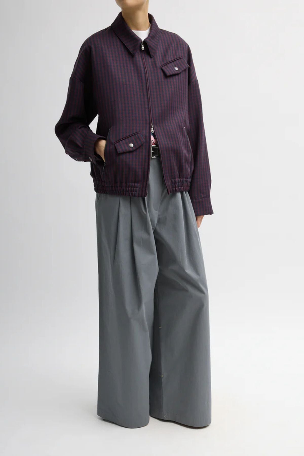 Tibi Jules Wool Gingham Bomber Jacket - Wine/ Navy