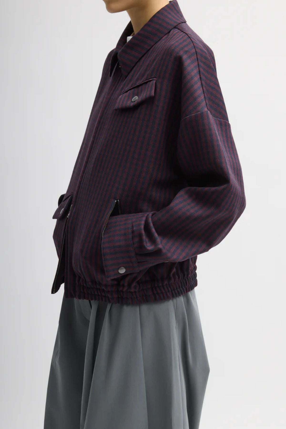 Tibi Jules Wool Gingham Bomber Jacket - Wine/ Navy