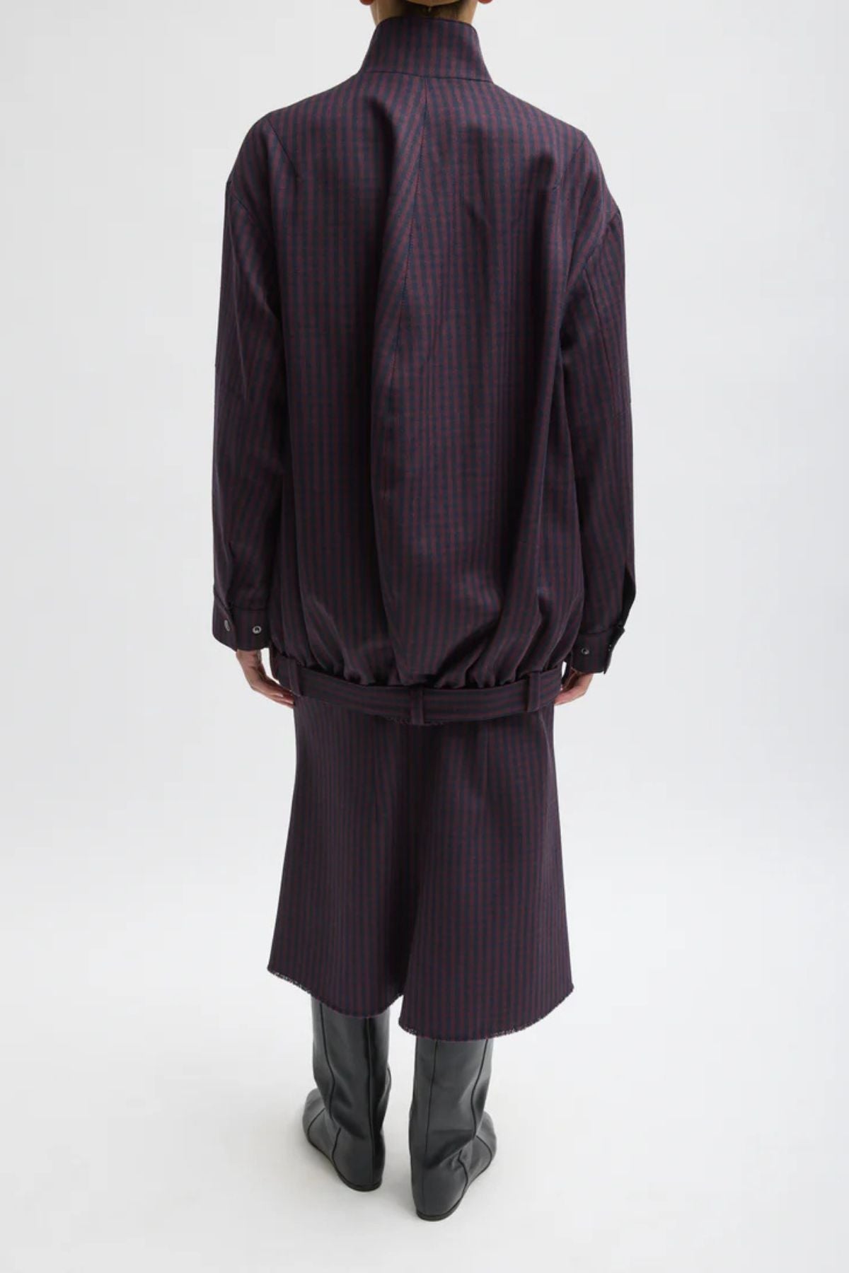 Tibi Jules Wool Gingham Long Belted Bomber - Wine/ Navy