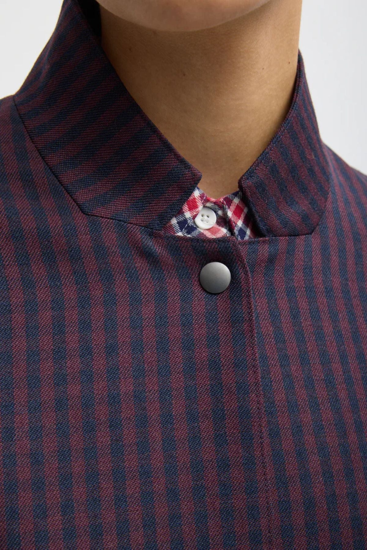 Tibi Jules Wool Gingham Long Belted Bomber - Wine/ Navy