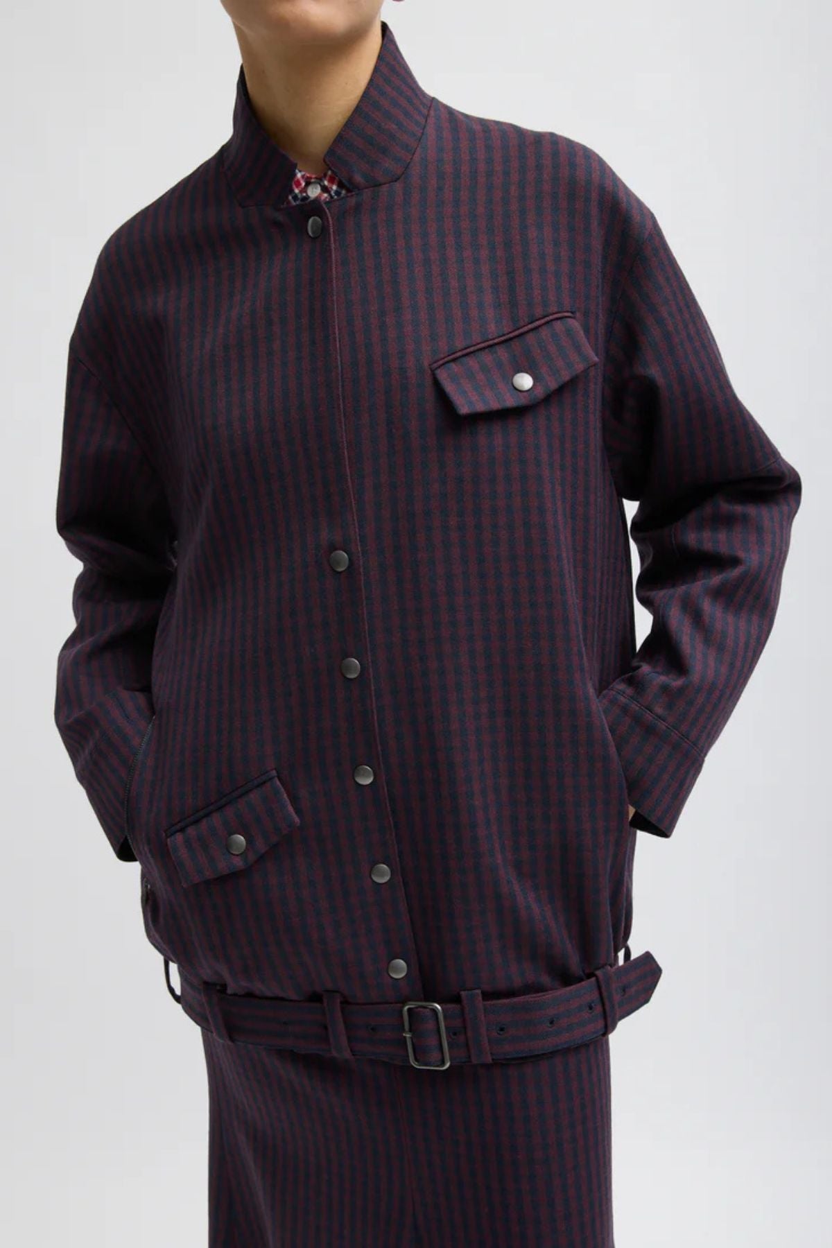 Tibi Jules Wool Gingham Long Belted Bomber - Wine/ Navy