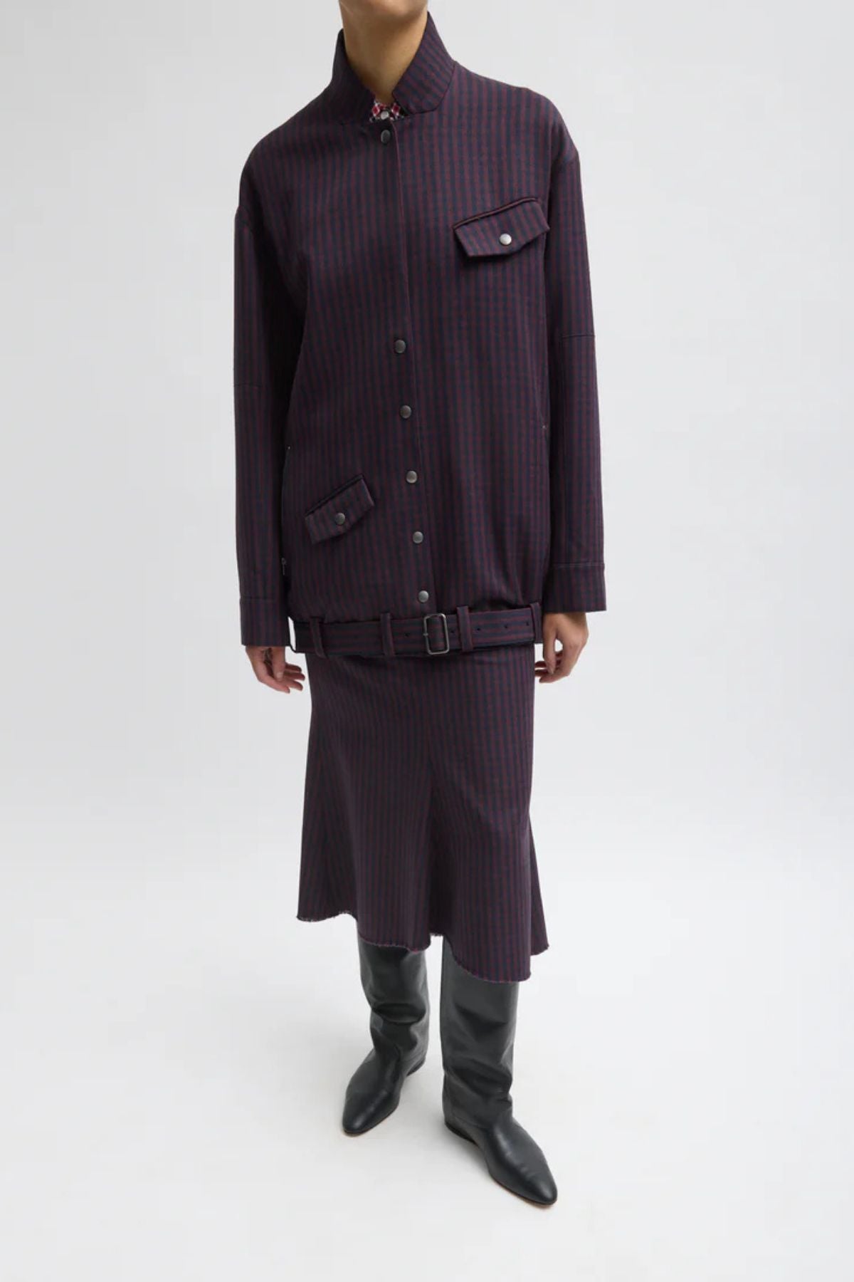 Tibi Jules Wool Gingham Long Belted Bomber - Wine/ Navy