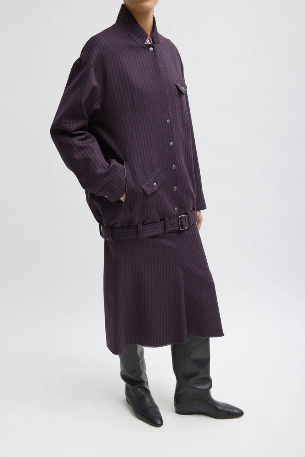 Tibi Jules Wool Gingham Long Belted Bomber - Wine/ Navy