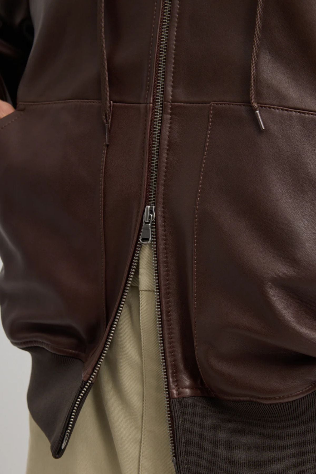 Tibi Leather Zip Up Hoodie Jacket - Brown