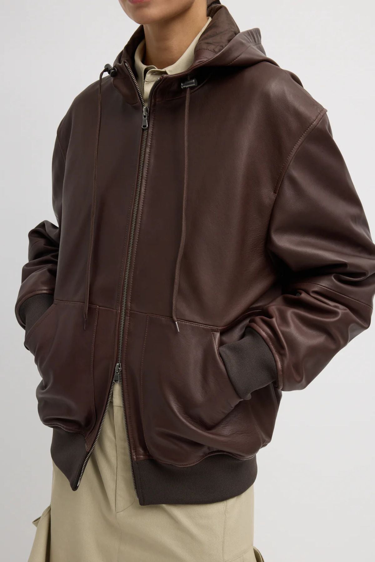 Tibi Leather Zip Up Hoodie Jacket - Brown
