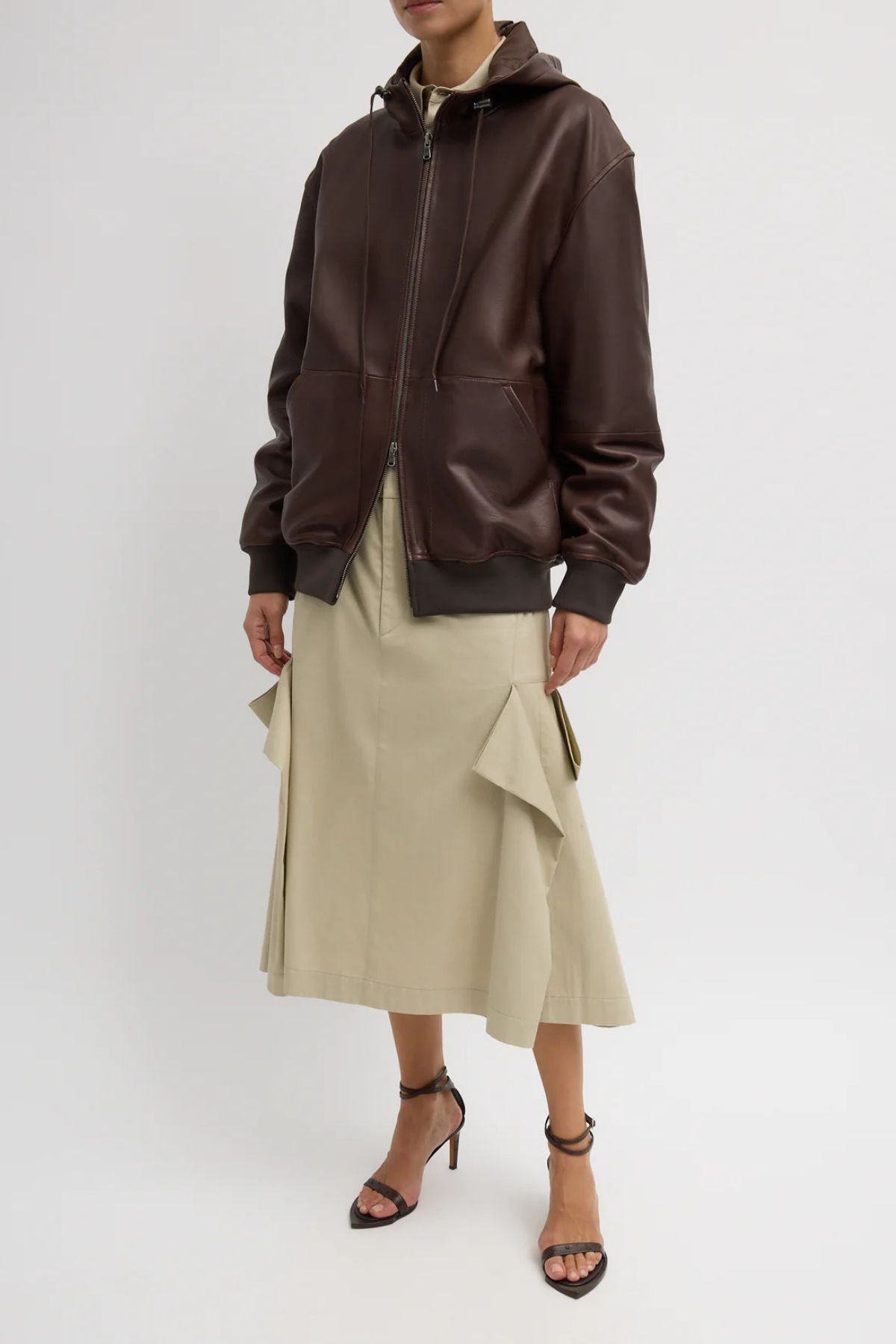 Tibi Leather Zip Up Hoodie Jacket - Brown