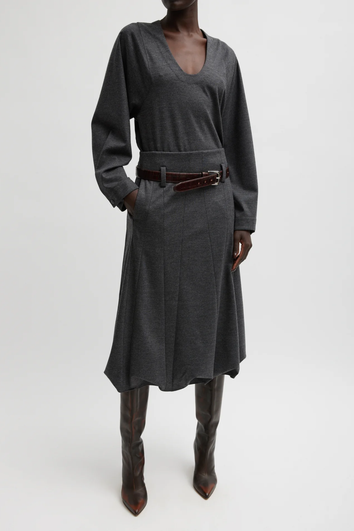 Tibi Melange Jersey Tucked Panel Skirt - Dark Heather