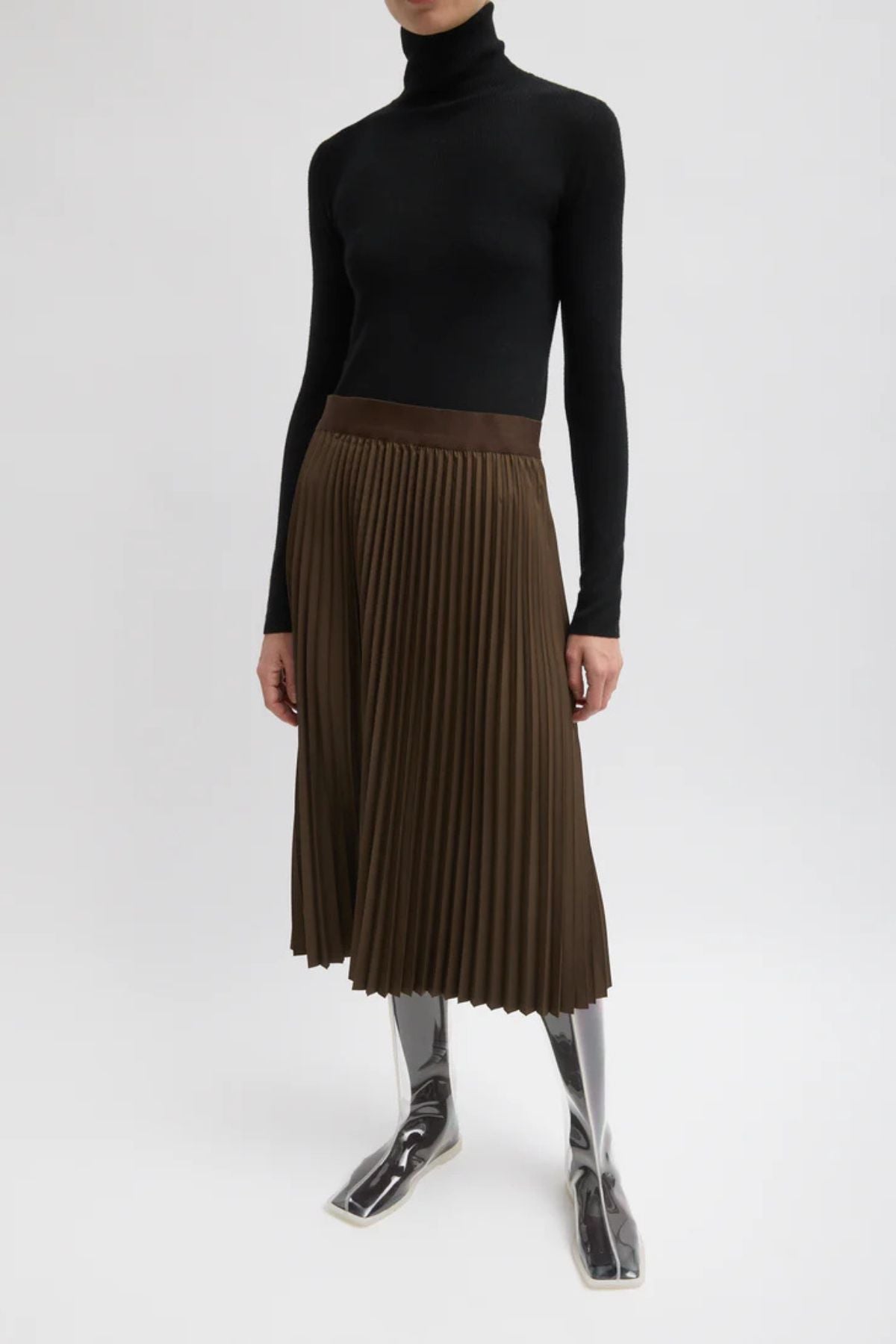 Tibi Nylon Pleating Sunray Pull On Skirt - Brown