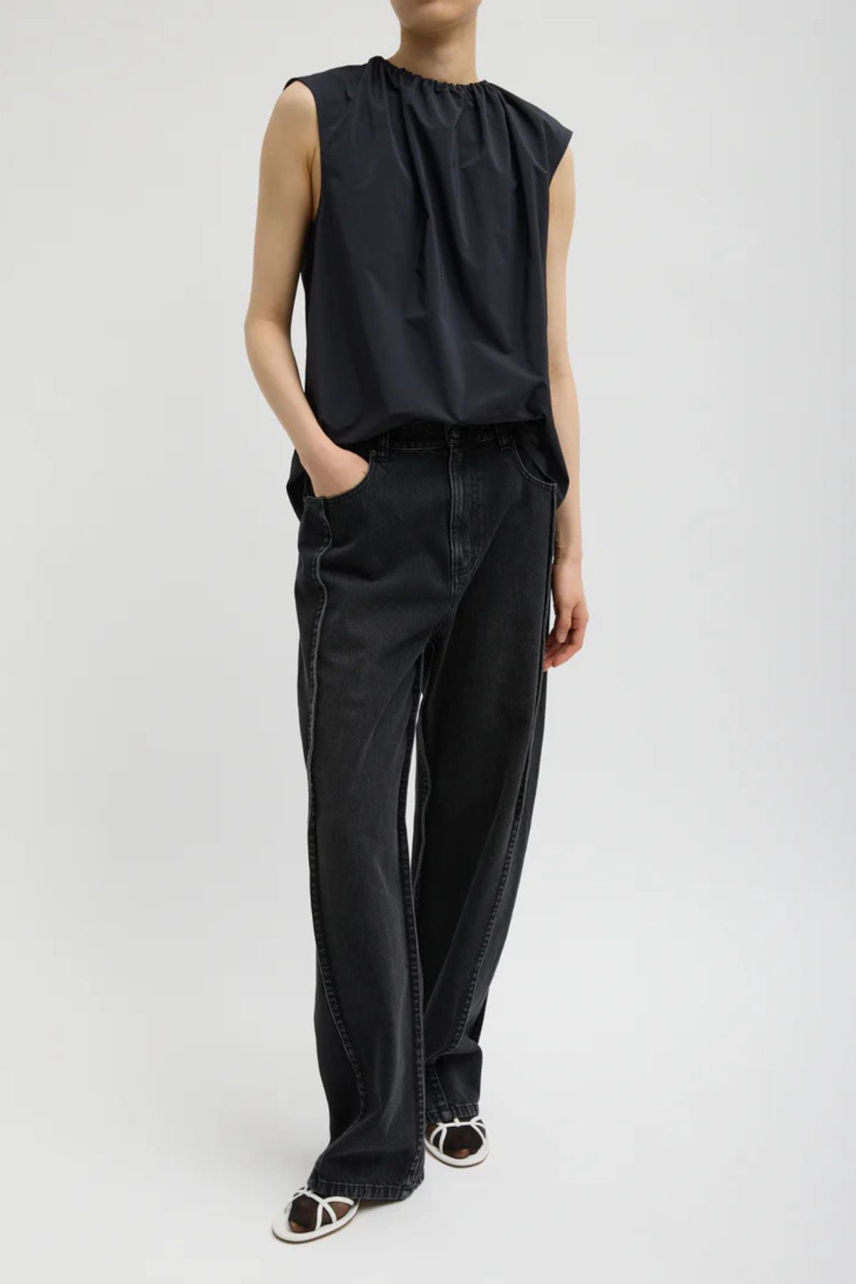 Tibi Nylon Shirred Neck Top - Navy
