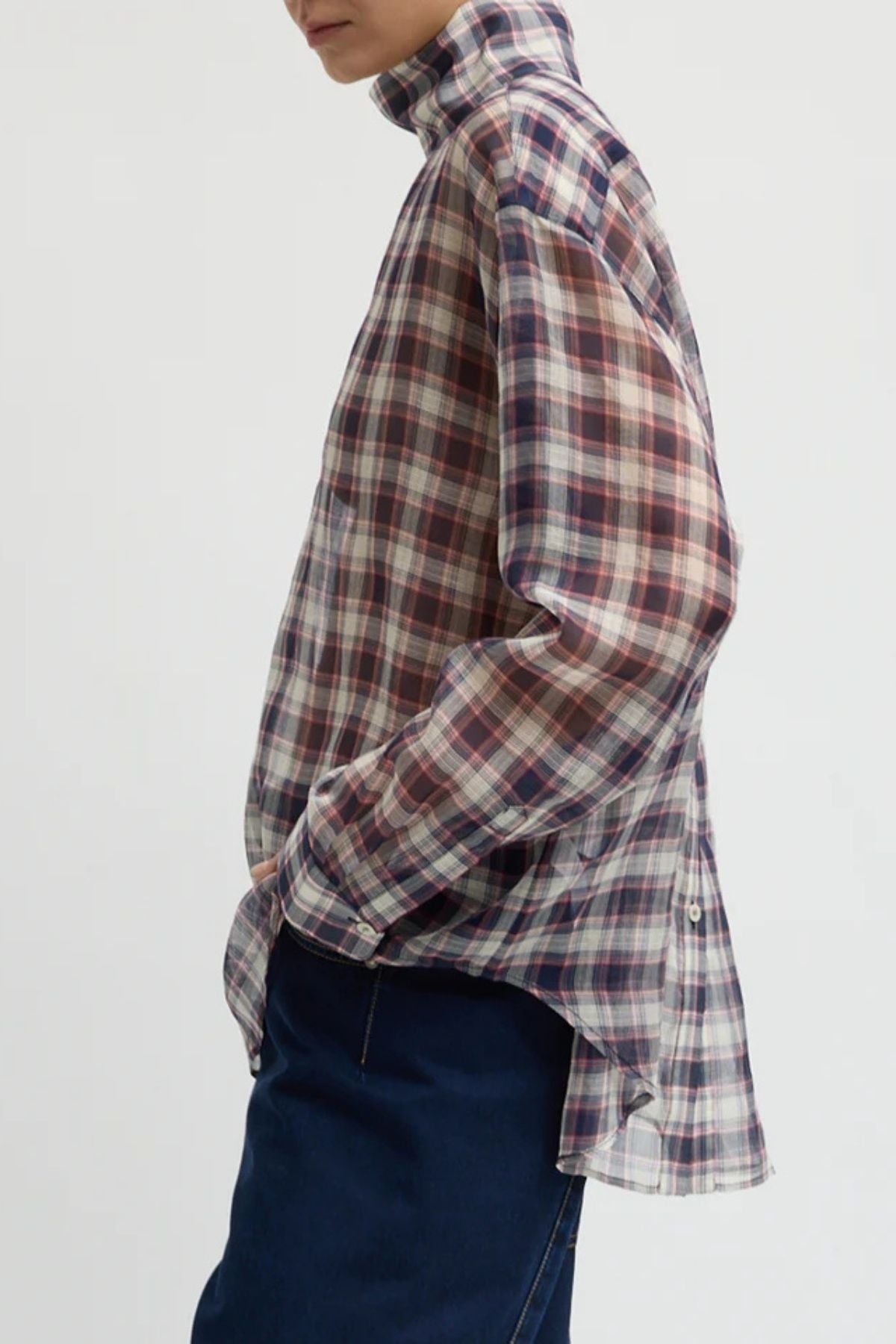 Tibi Plaid Funnel Neck Shirt - Black/ Red Multi