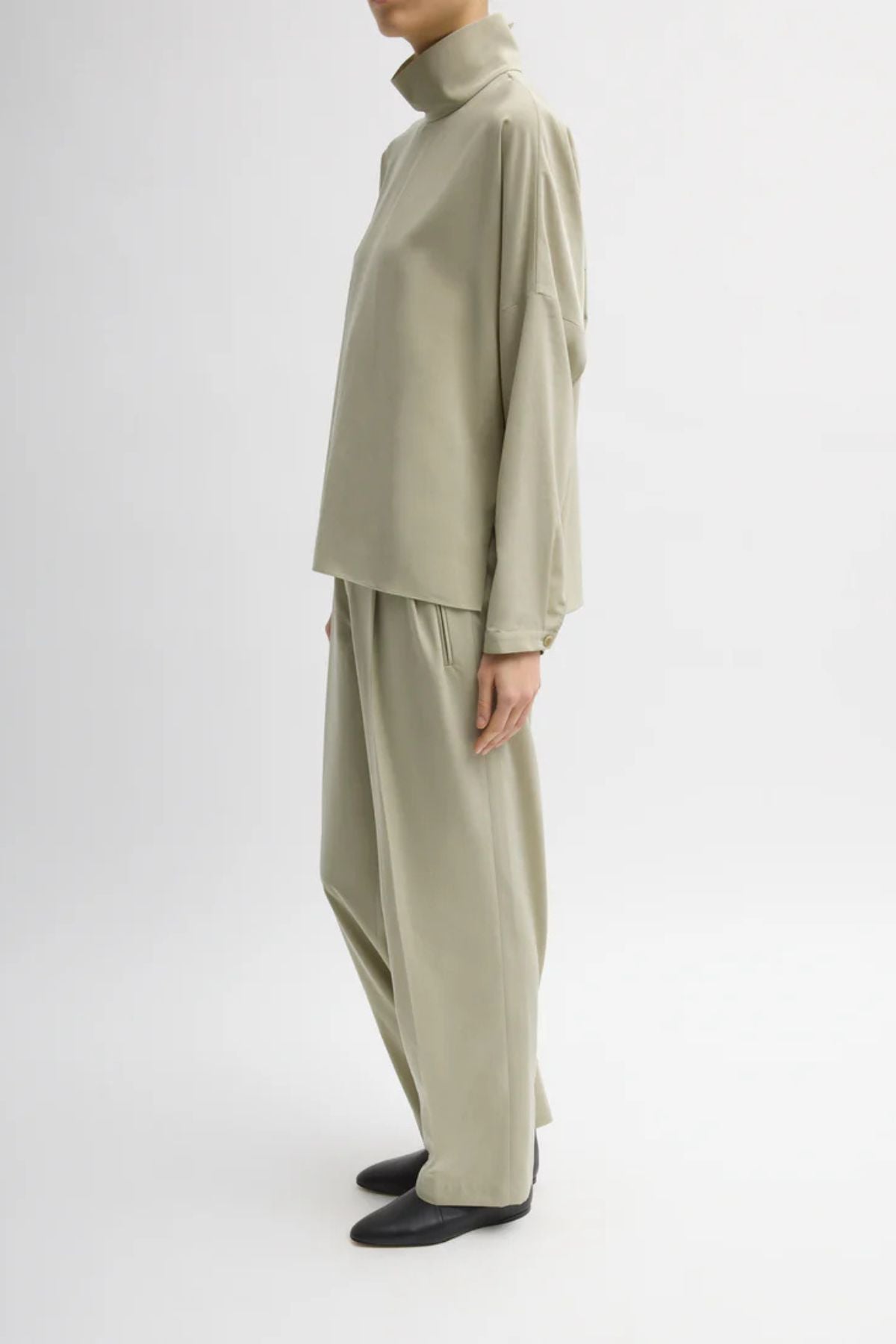 Tibi Relaxed Suiting Funnel Neck Dolman Top - Moss Grey