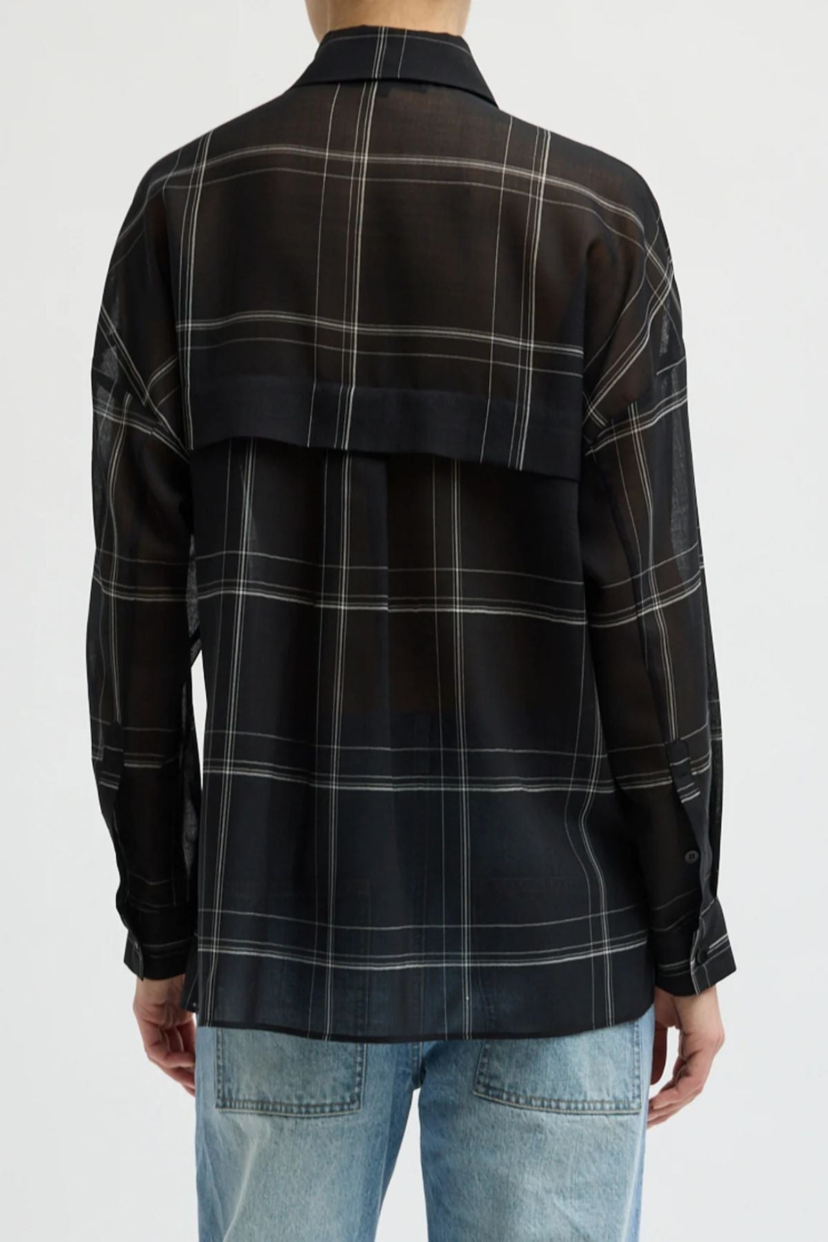 Tibi Sheer Wool Gauze Check Oversized Shirt - Black Multi