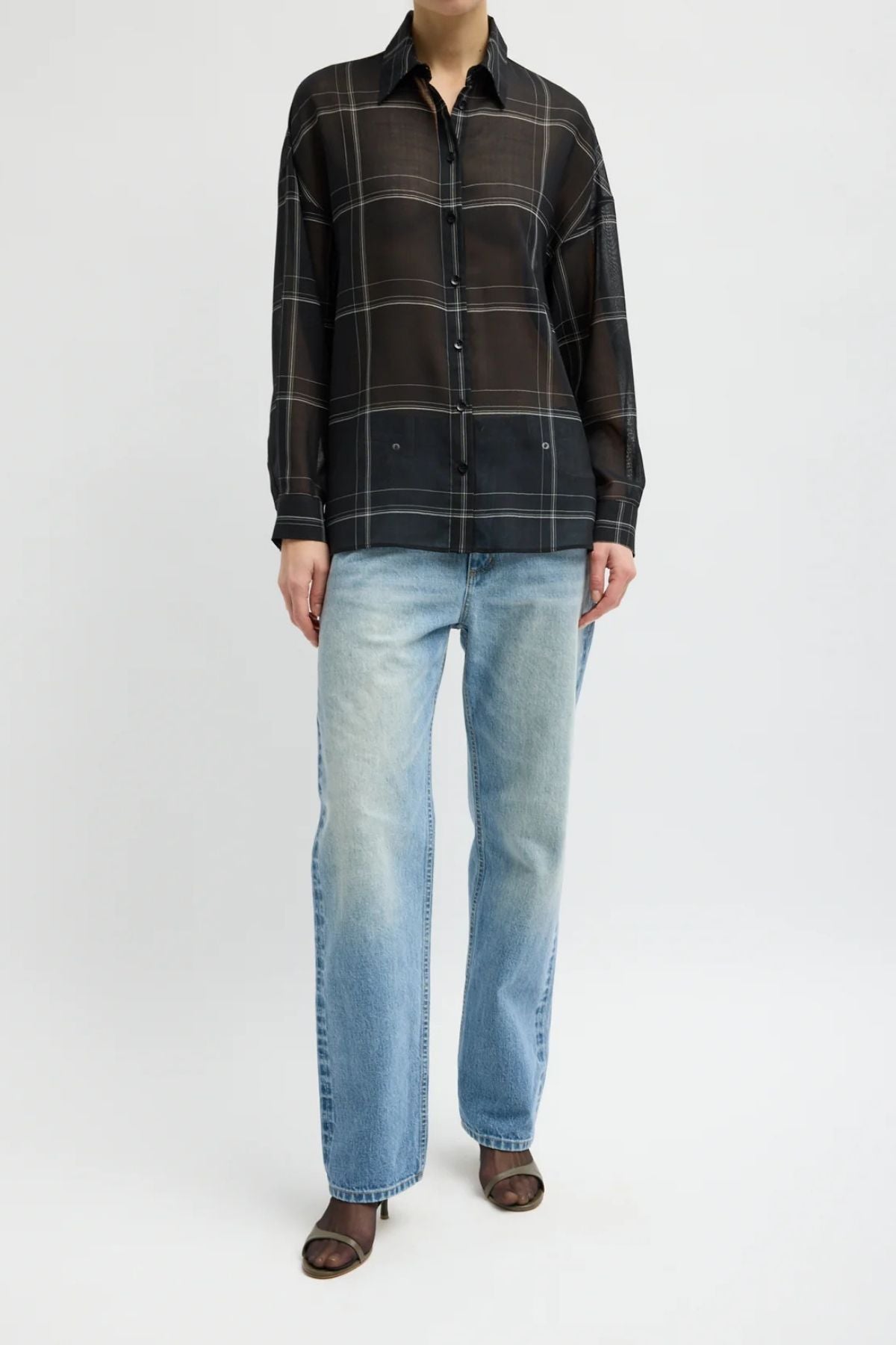 Tibi Sheer Wool Gauze Check Oversized Shirt - Black Multi