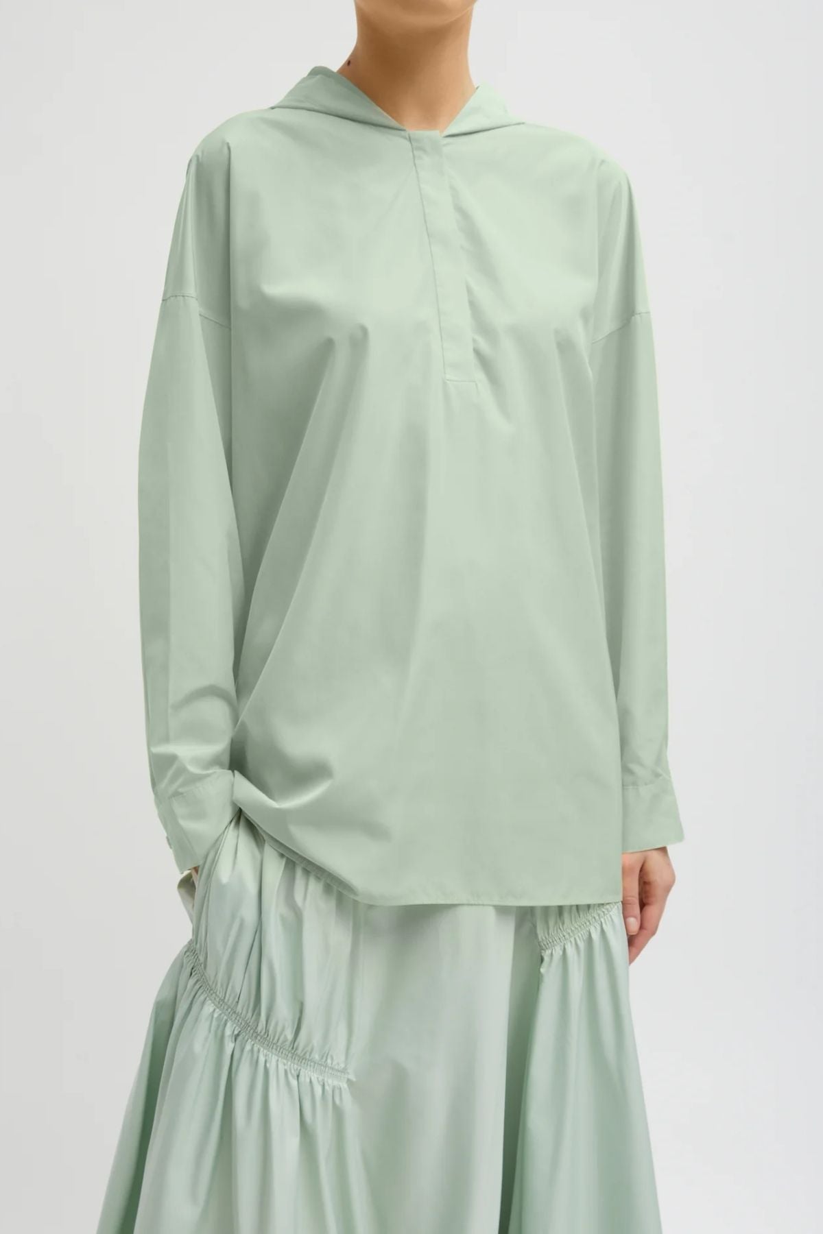 Tibi Shirred Nylon Hoodie - Lido Green