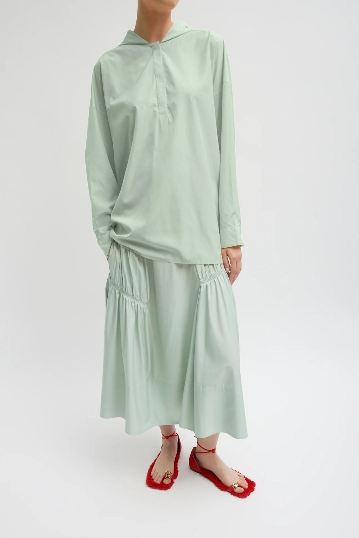 Tibi Shirred Nylon Hoodie - Lido Green