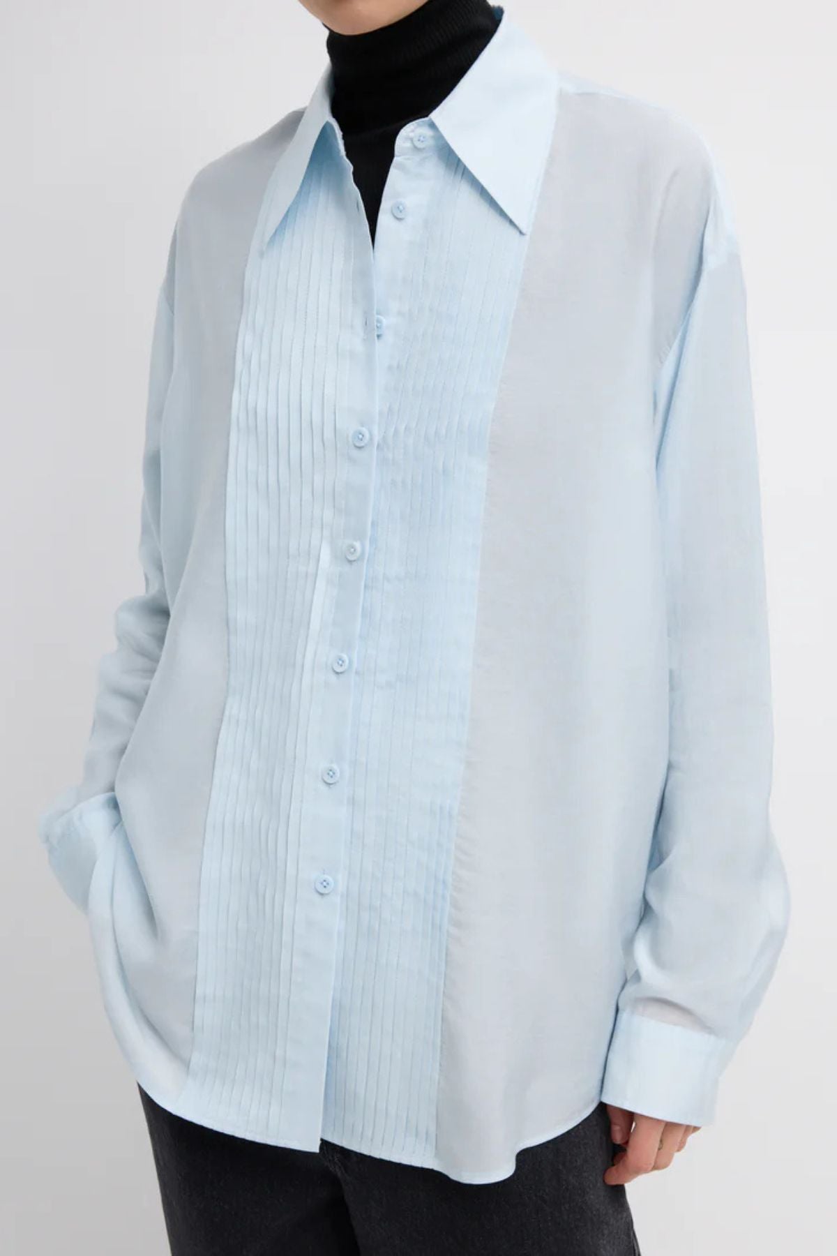 Tibi Silk Voile Easy Pintucked Shirt - Ice Blue