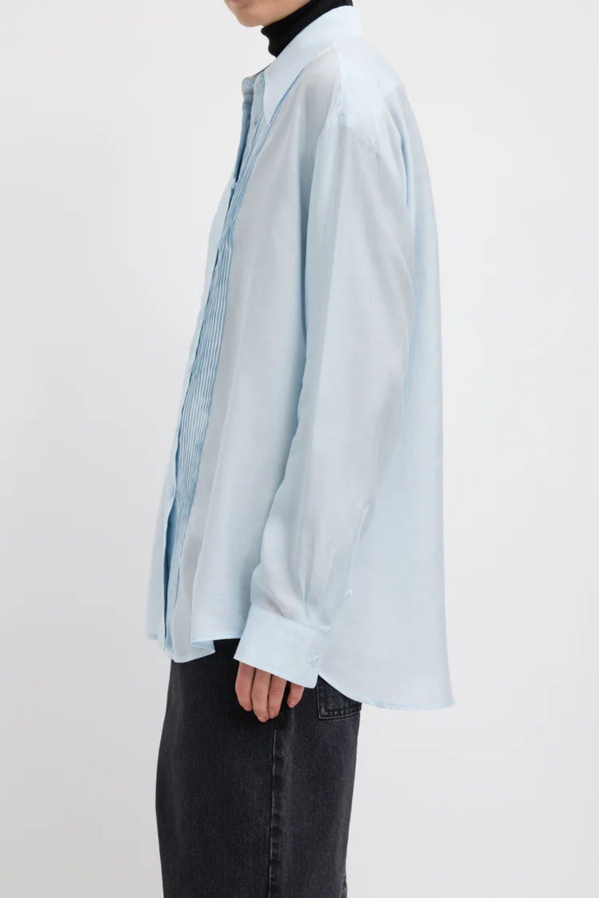 Tibi Silk Voile Easy Pintucked Shirt - Ice Blue