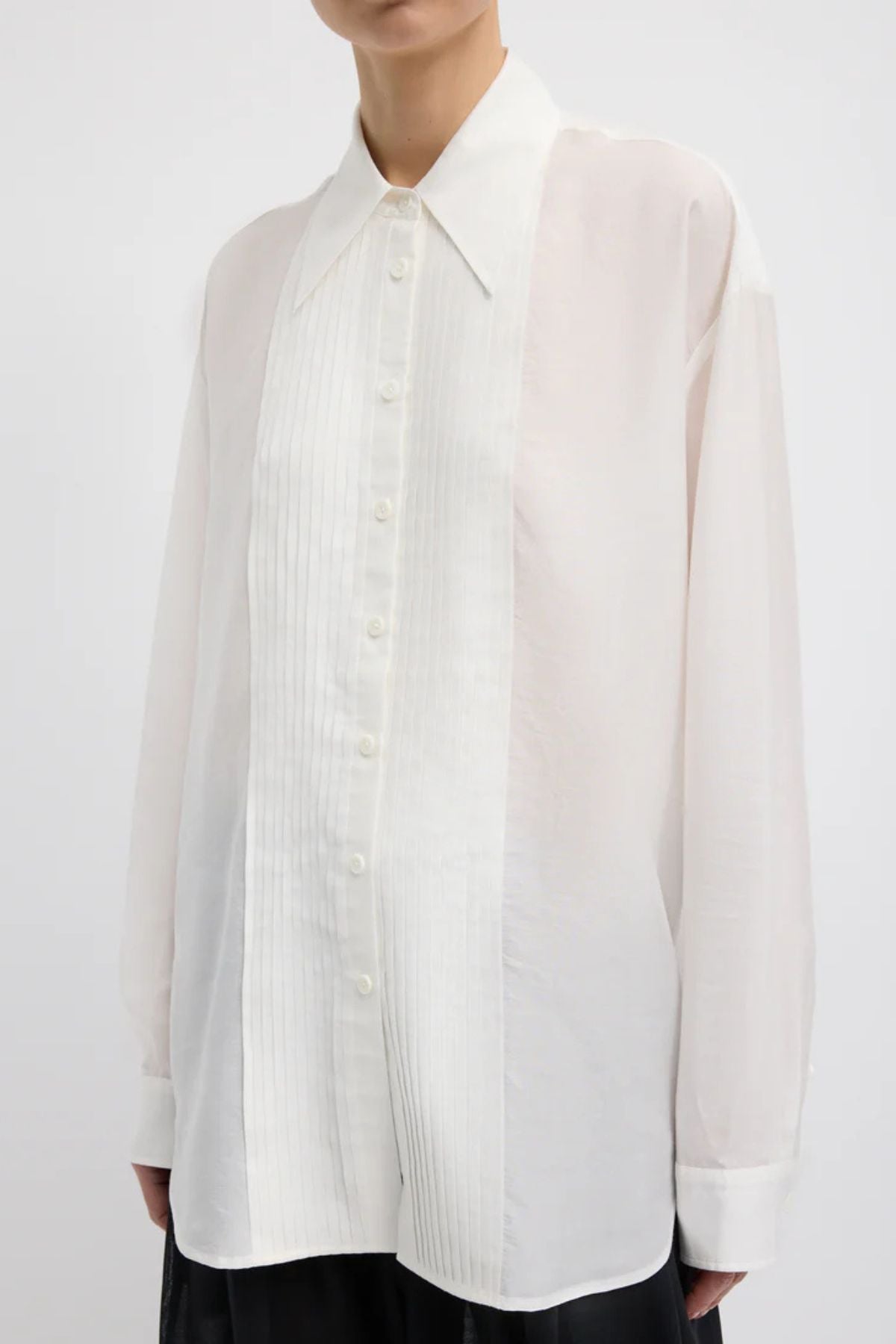 Tibi Silk Voile Easy Pintucked Shirt - Ivory