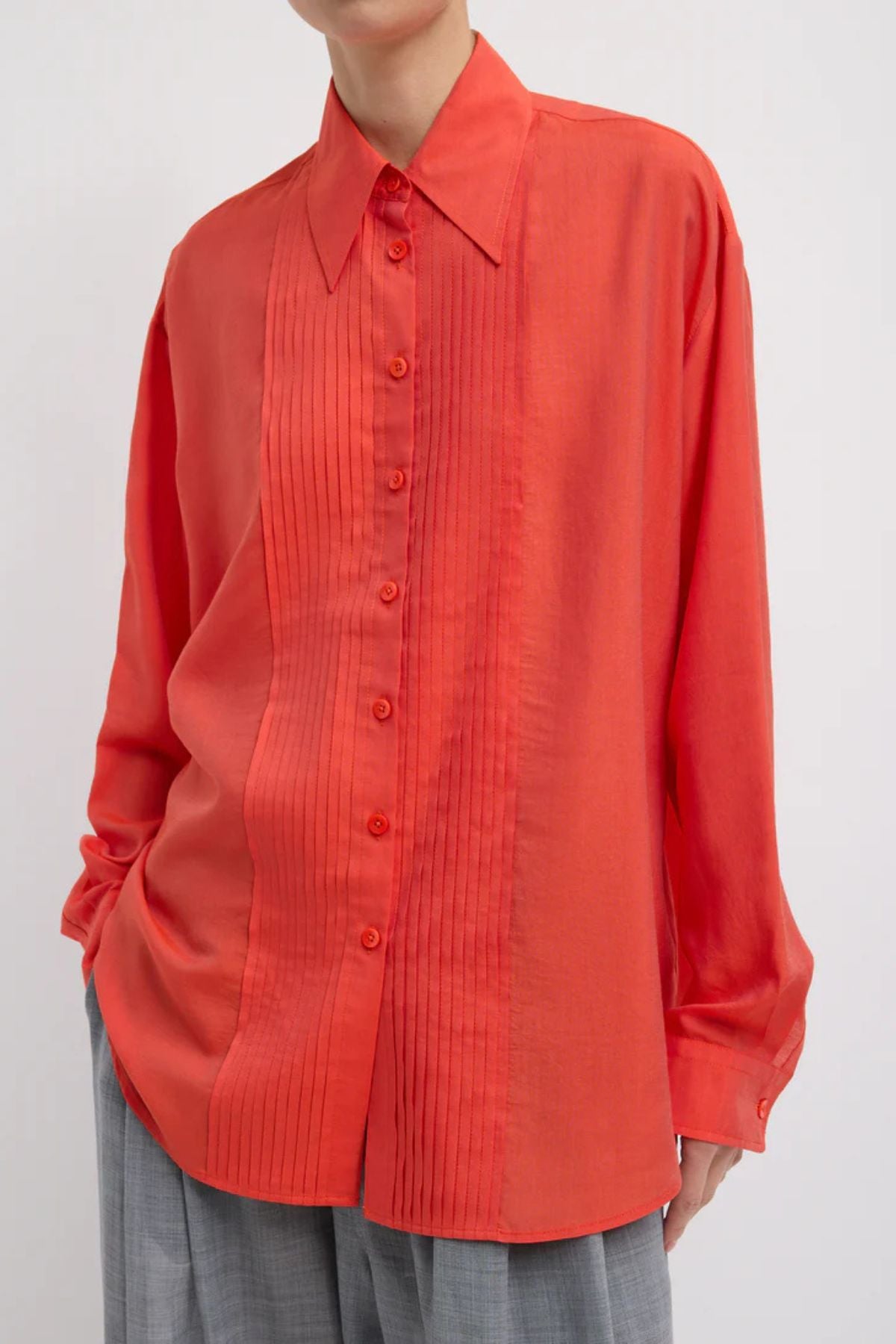 Tibi Silk Voile Easy Pintucked Shirt - Red