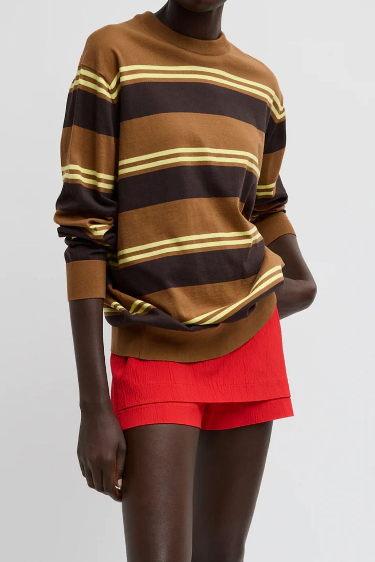 Tibi Super Fine Gauge Striped Perfect Crewneck - Brown Multi