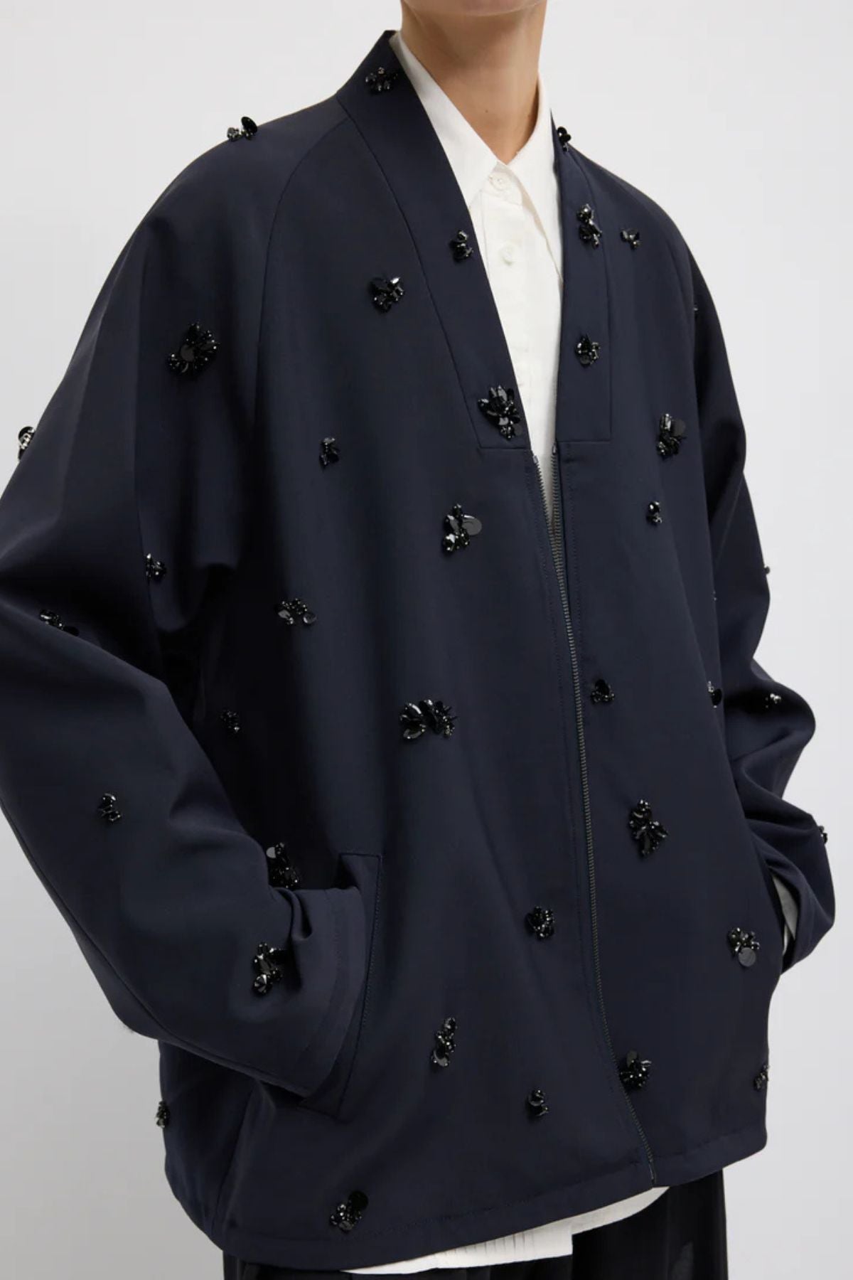 Tibi Tropical Wool Beaded Bomber - Navy