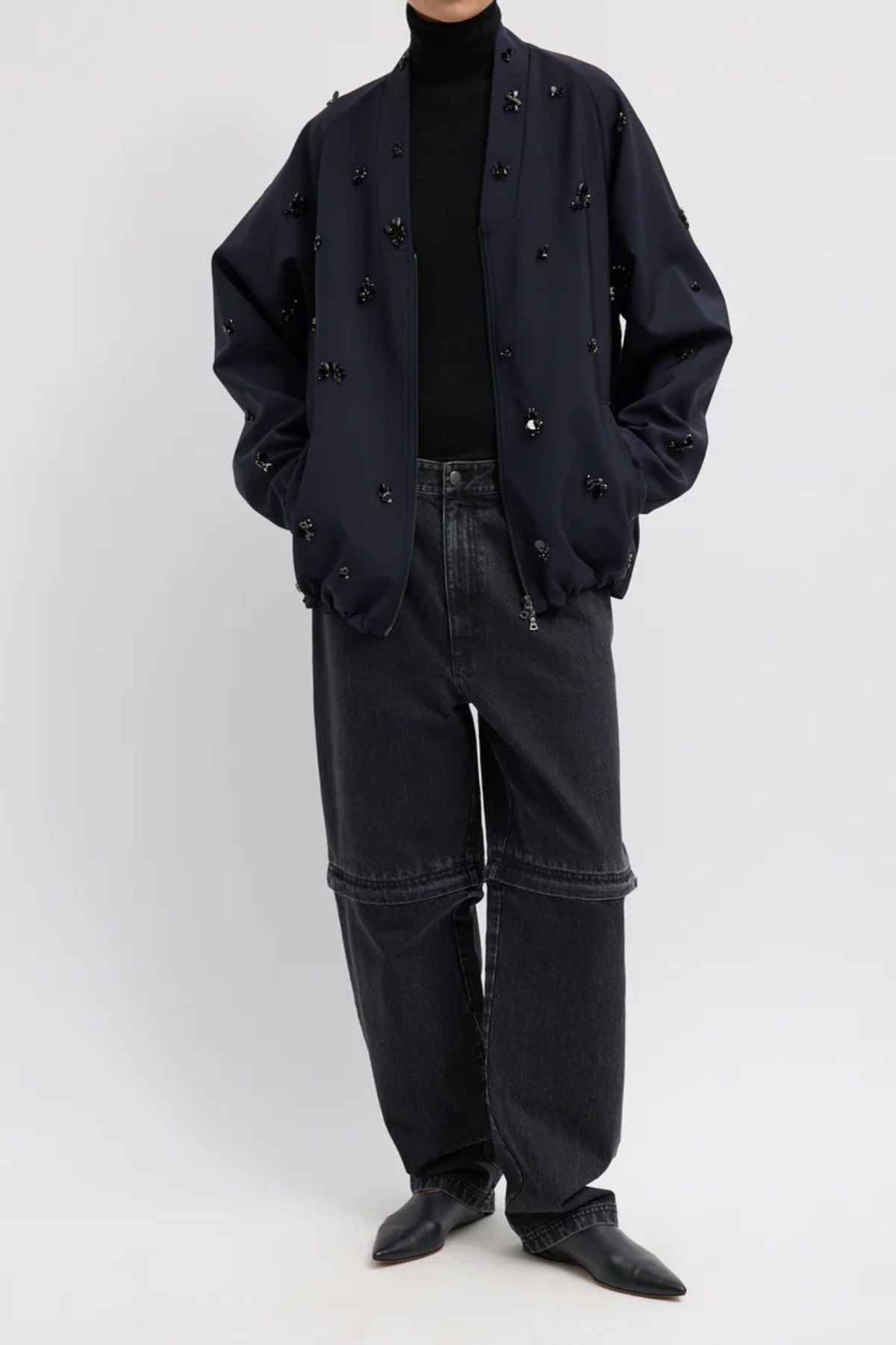 Tibi Tropical Wool Beaded Bomber - Navy