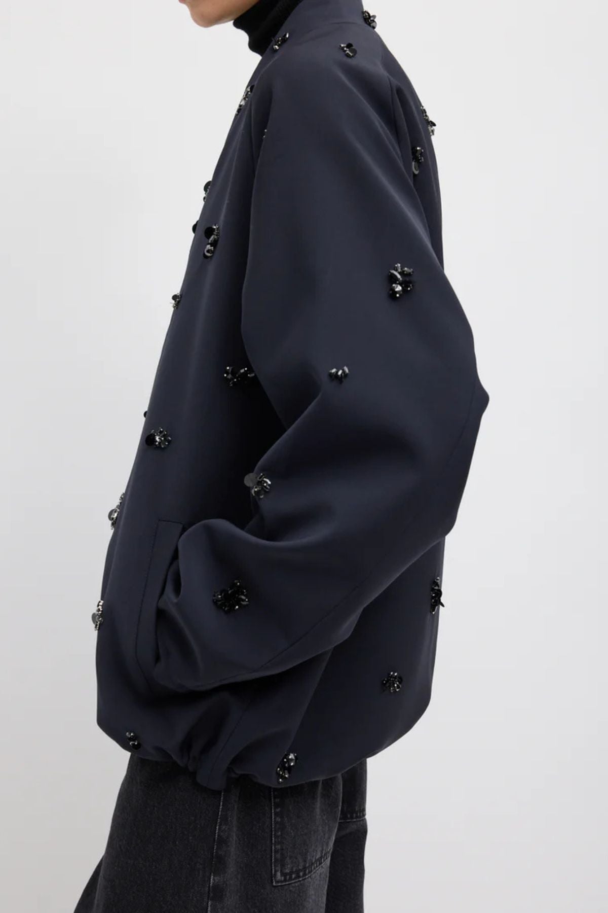 Tibi Tropical Wool Beaded Bomber - Navy