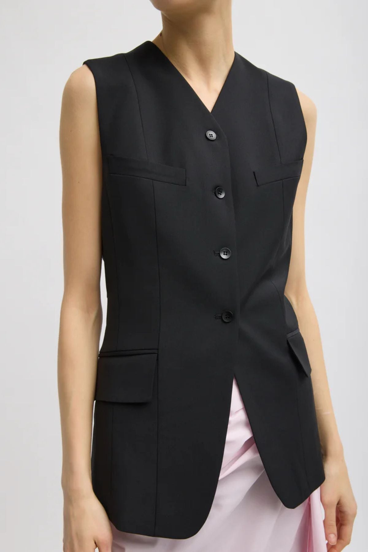 Tibi Tropical Wool Vest Blousant Back - Black