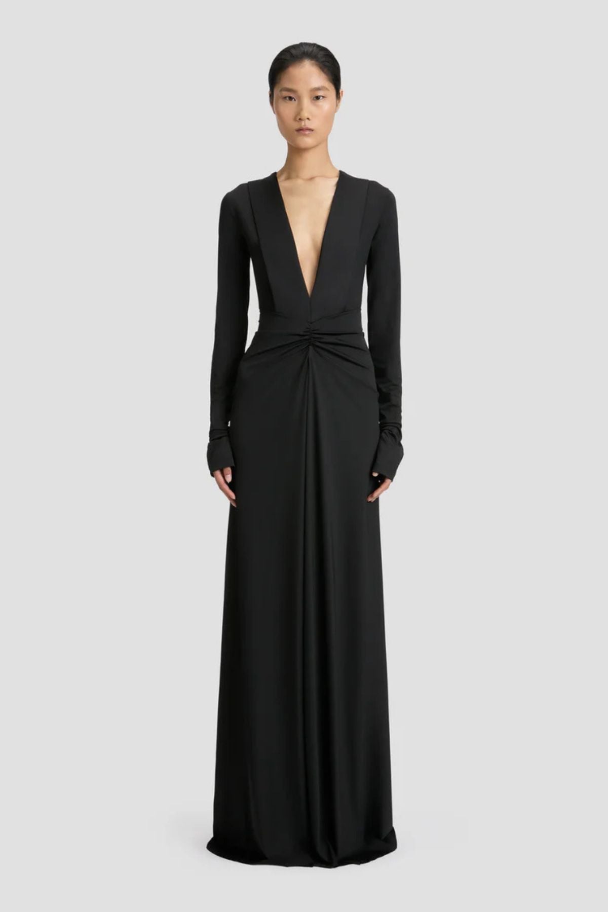 Victoria Beckham LS Deep V Neck Gown - Black