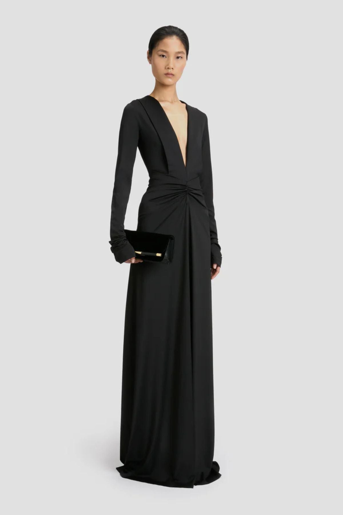 Victoria Beckham LS Deep V Neck Gown - Black