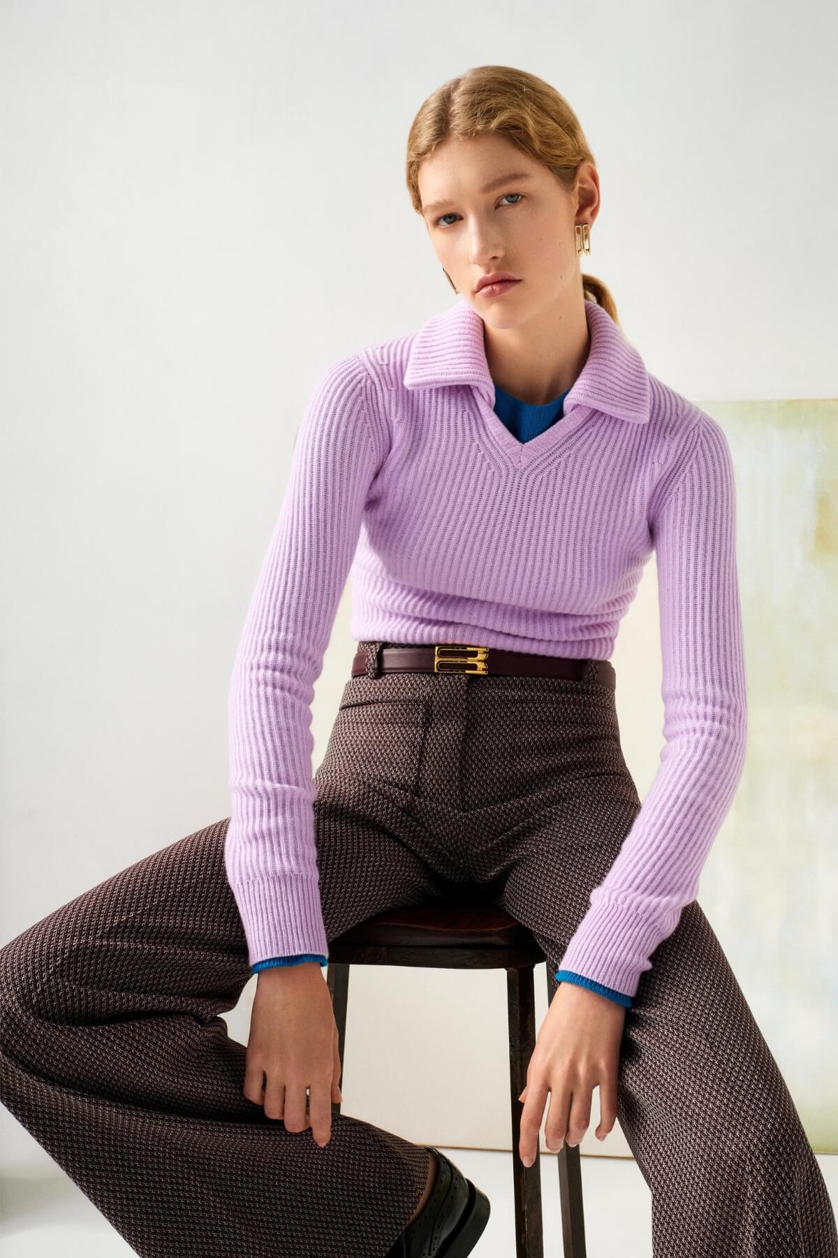 Victoria Beckham Pre Fall 2024 Brown Houndstooth Tailored Pants and Lilac Polo Knit
