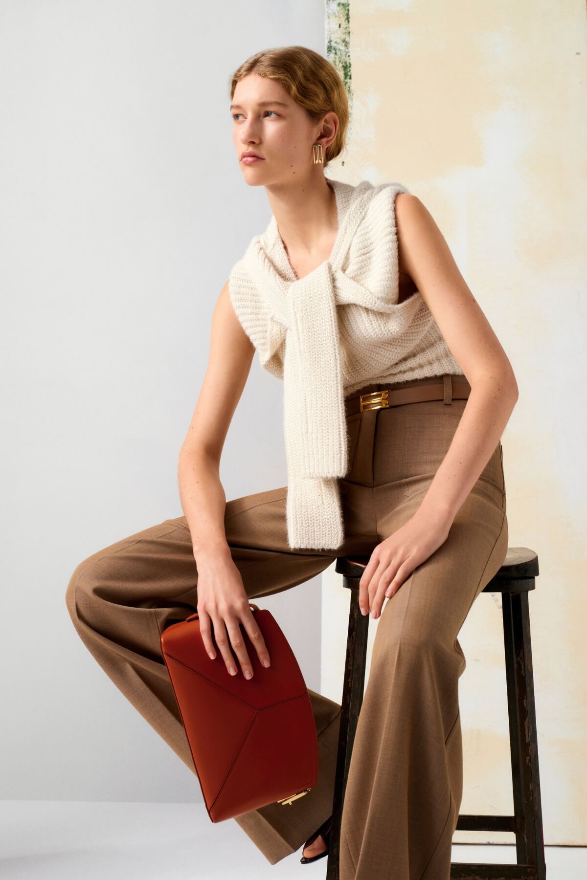 Victoria Beckham Pre Fall 2024 Cream Knit and Brown Tailored Pants