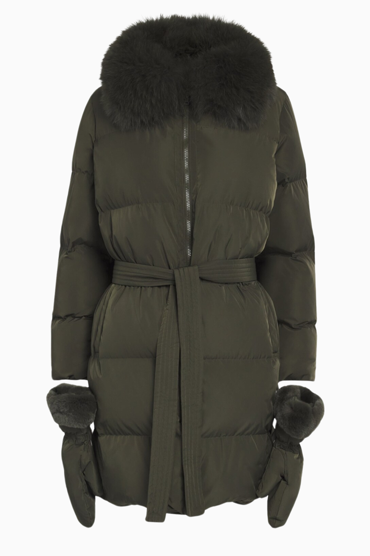 Yves Salomon 25W25WYM05710DOTM Fox Collar 110cm Parka Detachable Hood & Mittens - Amazone Green
