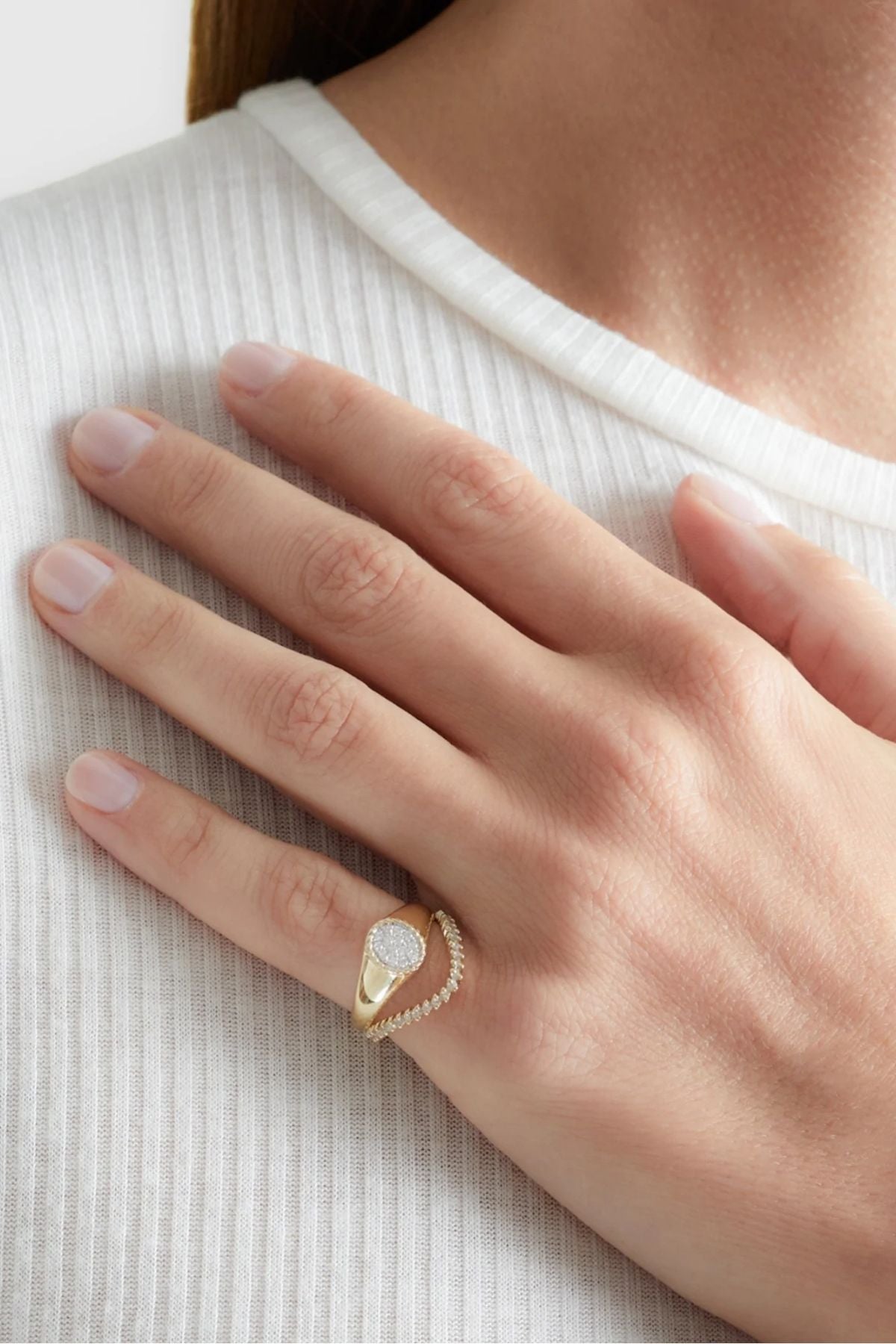 Yvonne Léon Mini Set Chevaliere Oval Diamond & Wave Ring - Yellow Gold