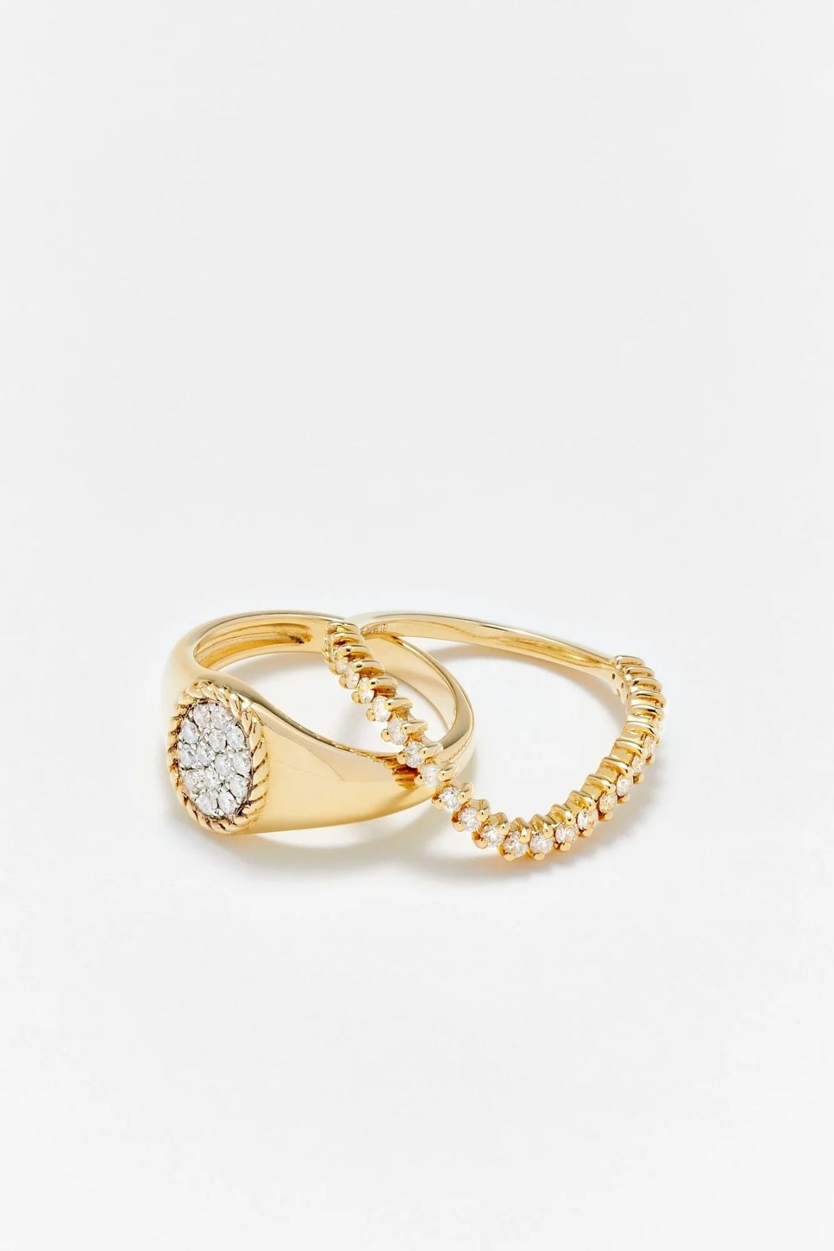 Yvonne Léon Mini Set Chevaliere Oval Diamond & Wave Ring - Yellow Gold