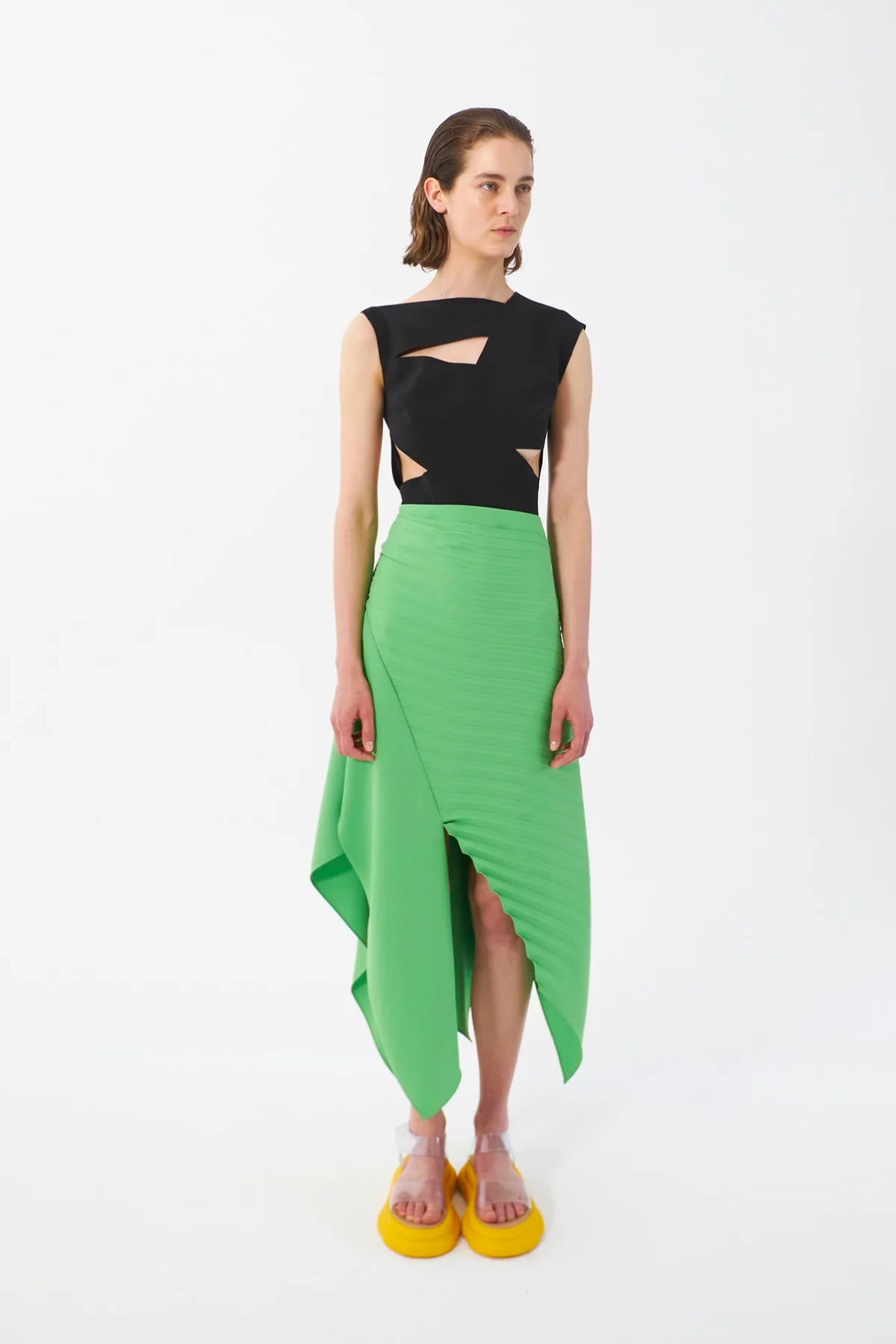 A.W.A.K.E. Mode Asymmetric Diagonal Pleated Skirt - Green