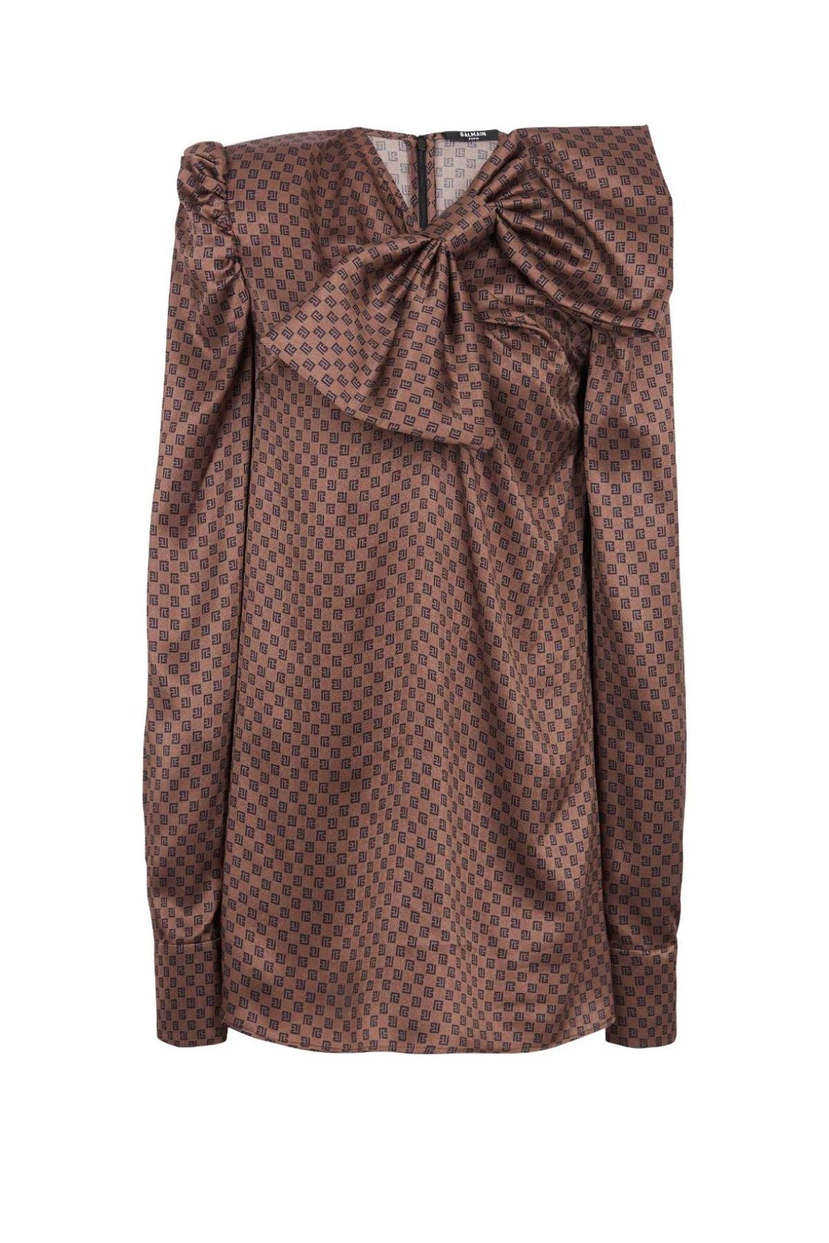 Balmain BF0R9081VD98 Bow Detail Monogram Satin Mini Dress - Brown