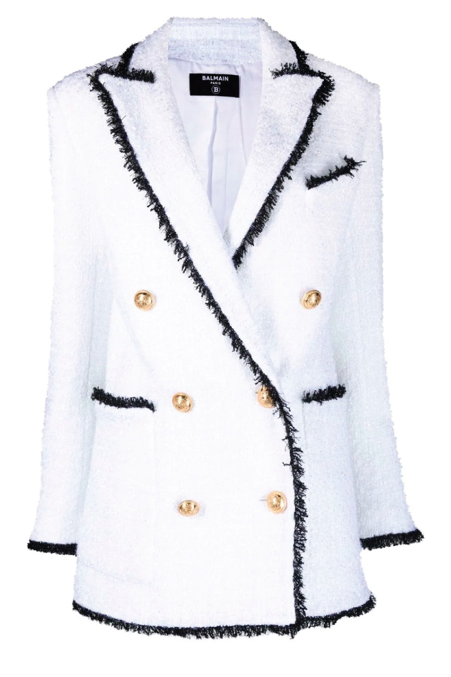 Balmain 6 Button Fringed Tweed Blazer - White/ Black