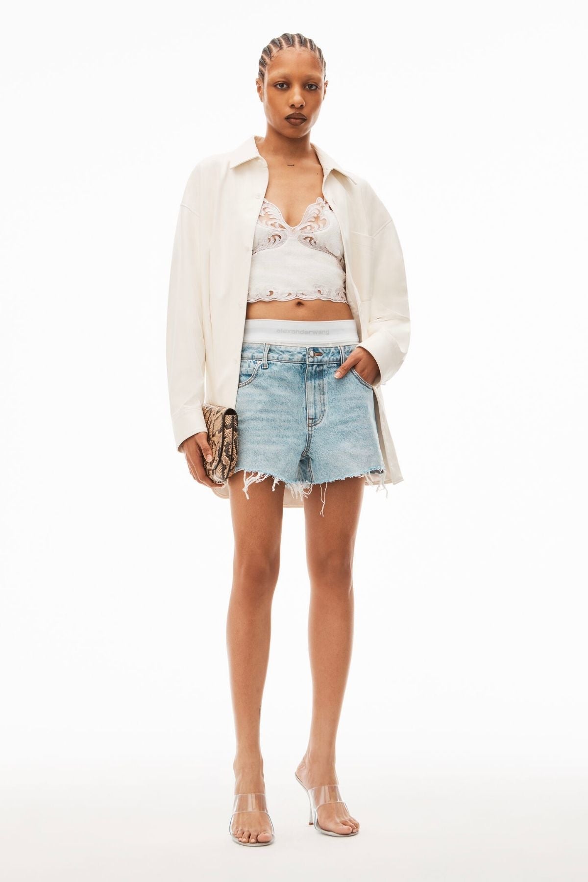 Alexander Wang Logo Elastic Denim Short - Pebble Beach