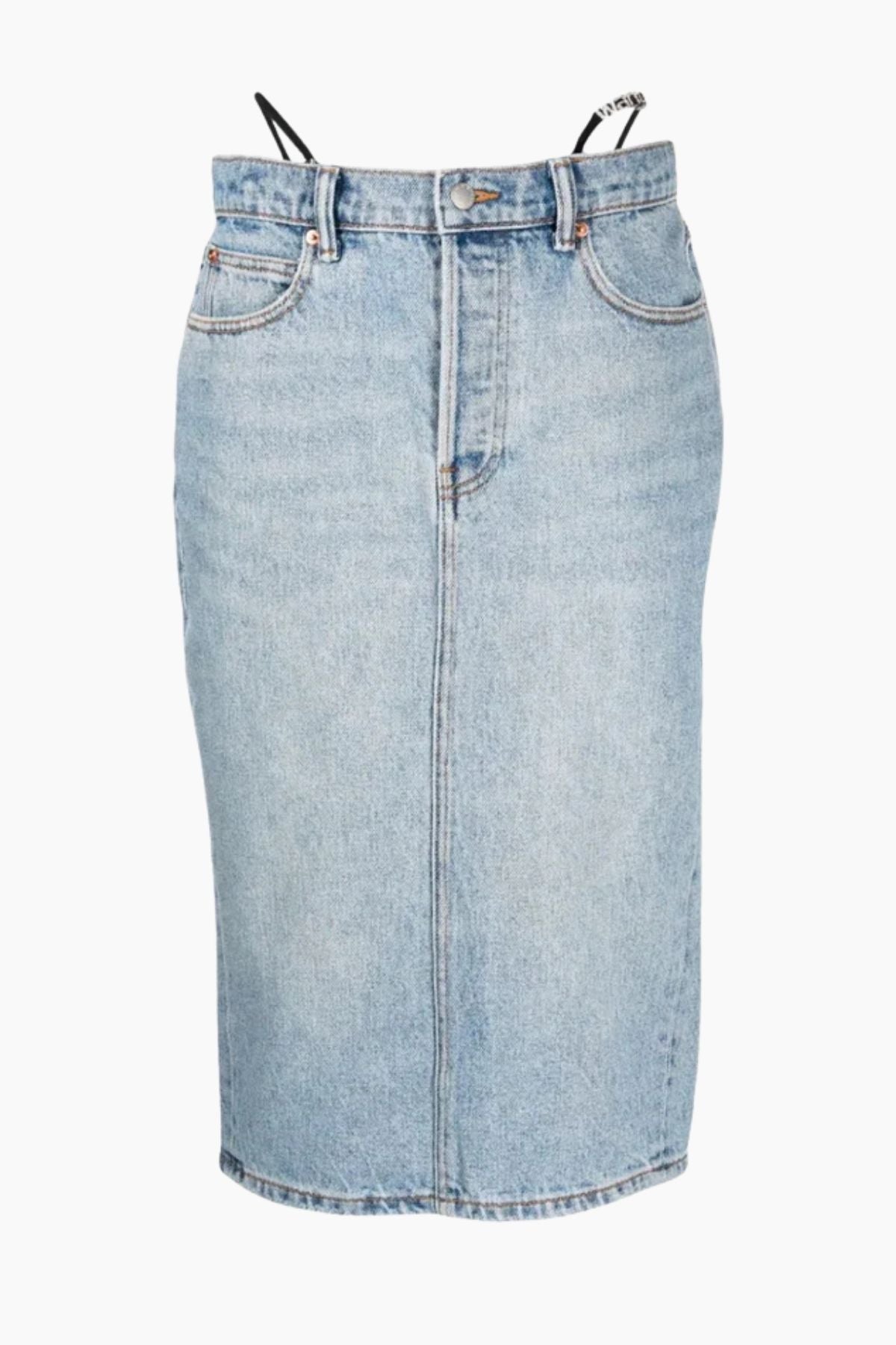 Alexander Wang Diamante Bikini Strap Denim Midi Skirt - Vintage Faded Indigo