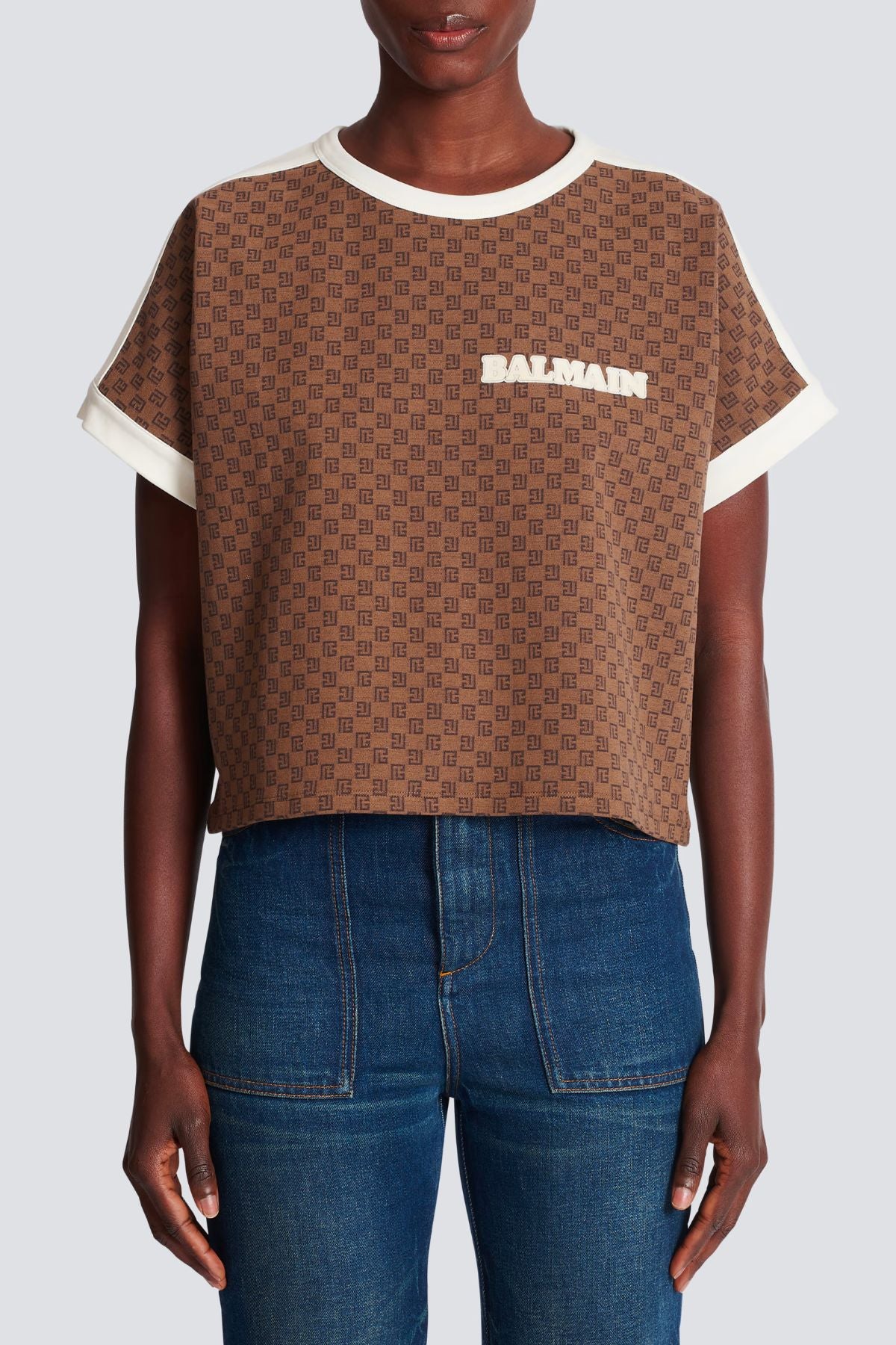 Balmain Monogram Cropped T-Shirt - Brown/ Cream