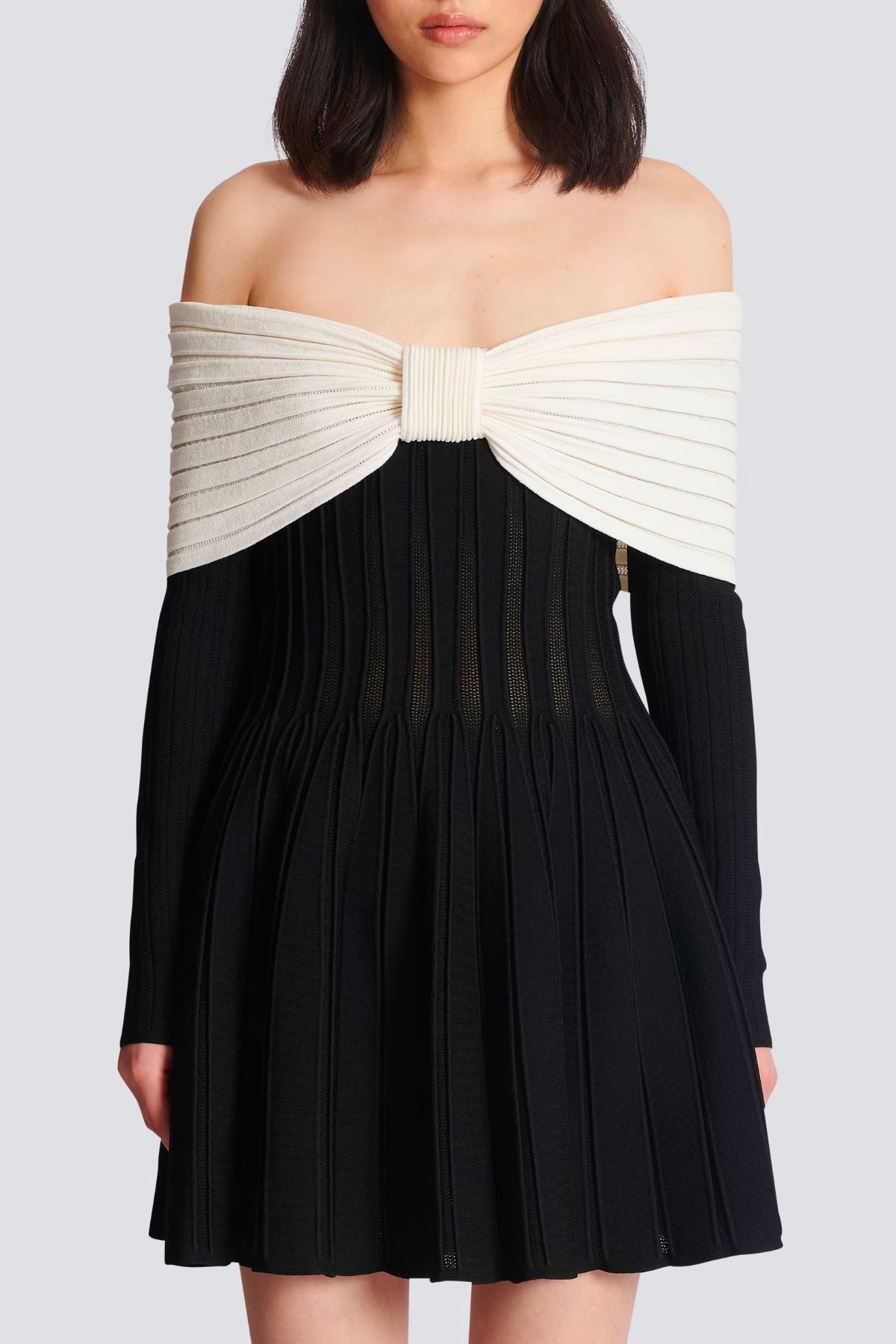 balmain white and black viscose off the shoulder dress Balmain Off The Shoulder Knit Mini Dress